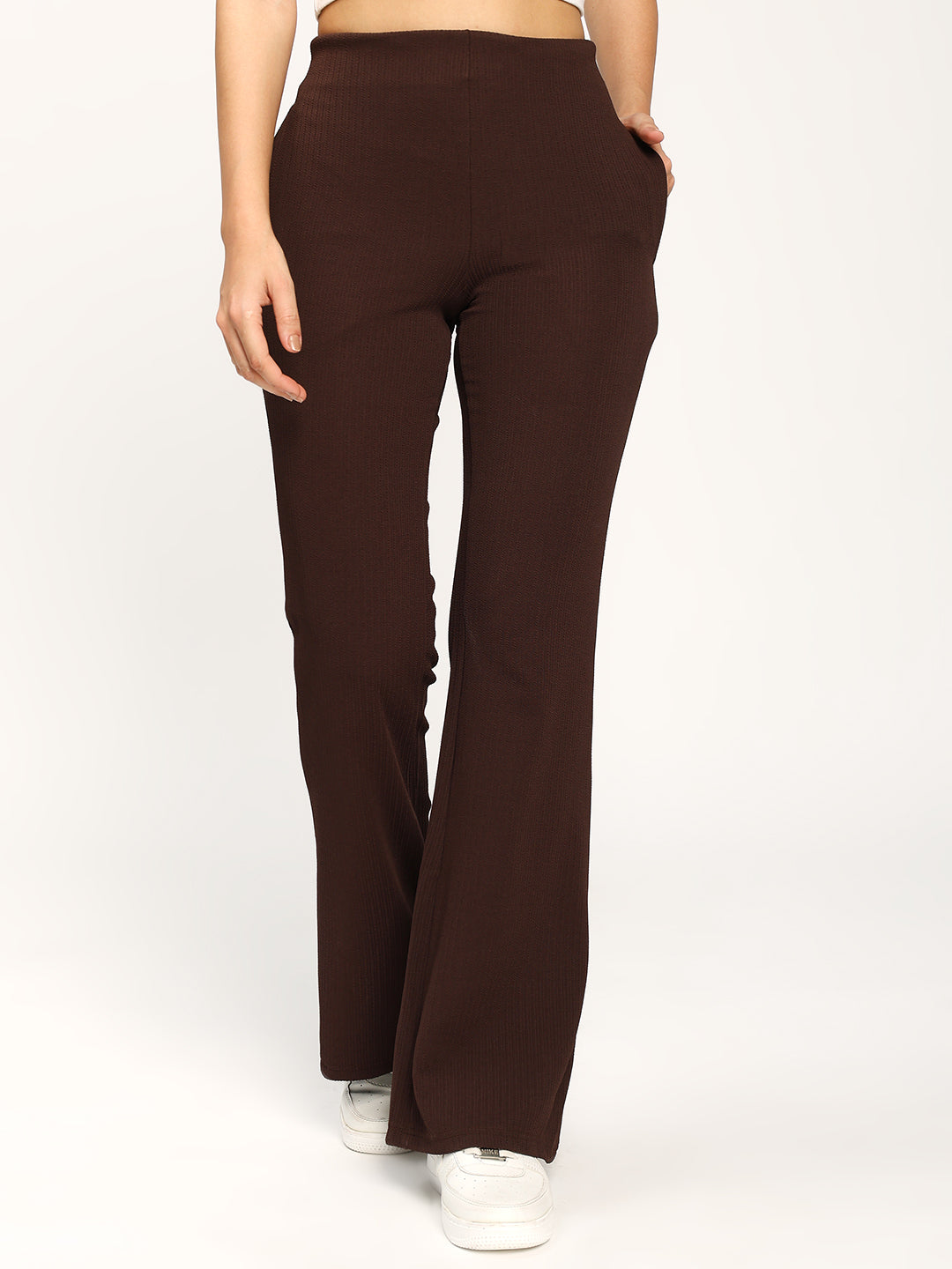Coffee Textured Flare Fit Fashion Pants