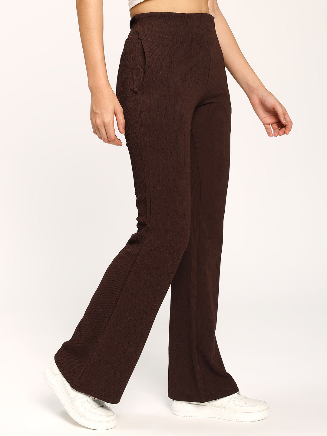 Coffee Textured Flare Fit Fashion Pants