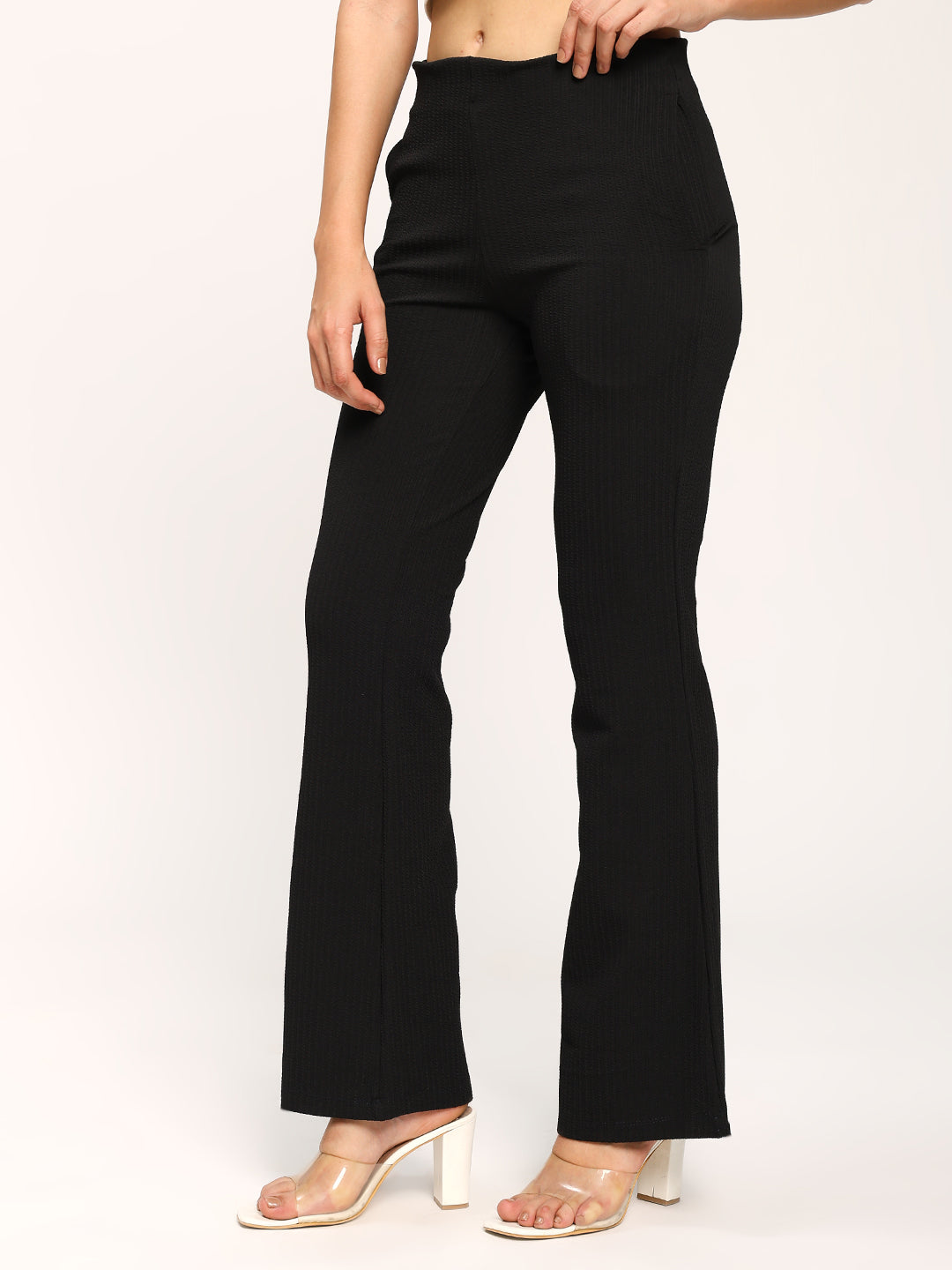 Black Textured Flare Fit Fashion Pants