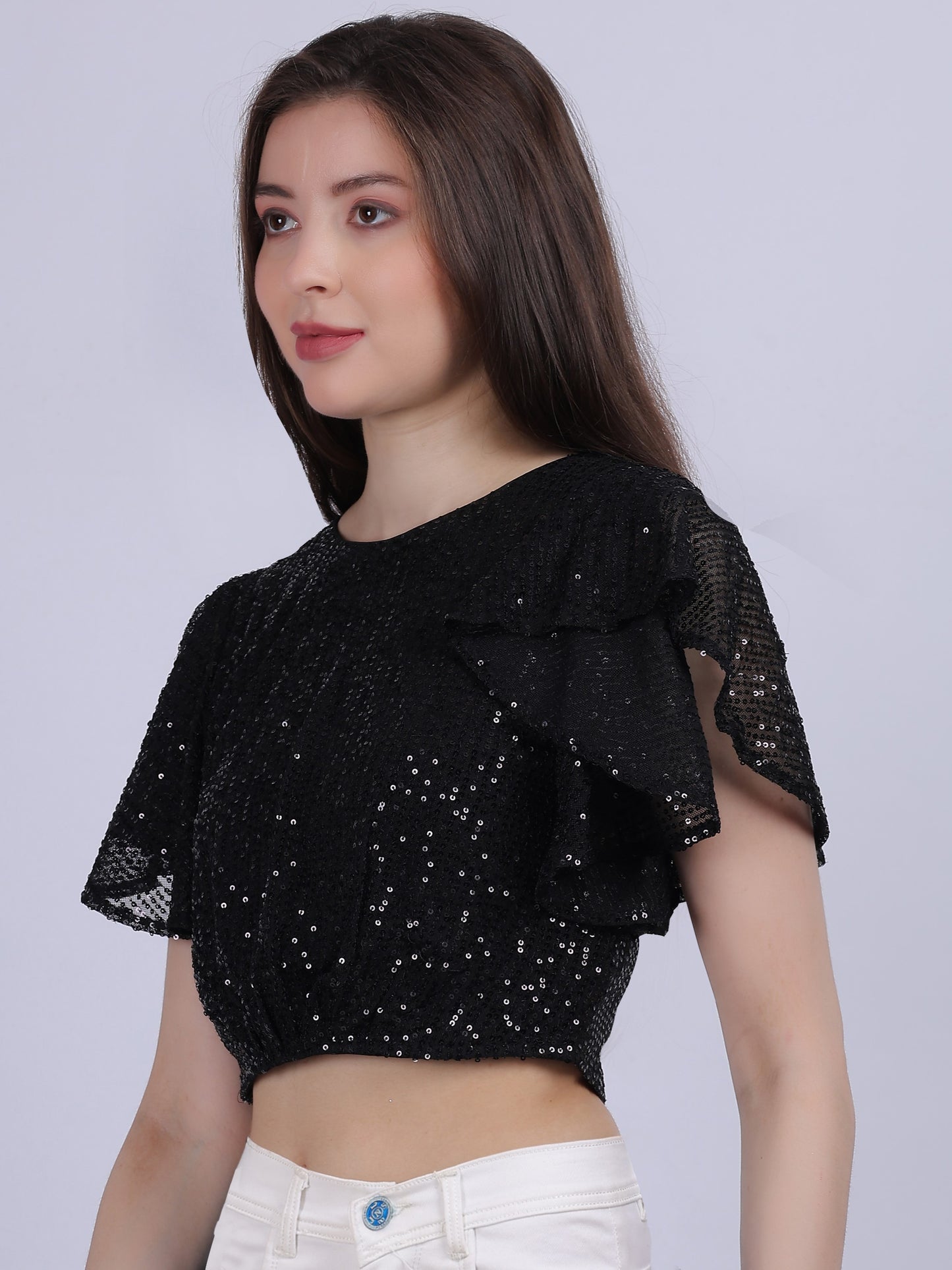Black Sequence Fashion Crop Top With Bell Sleeves