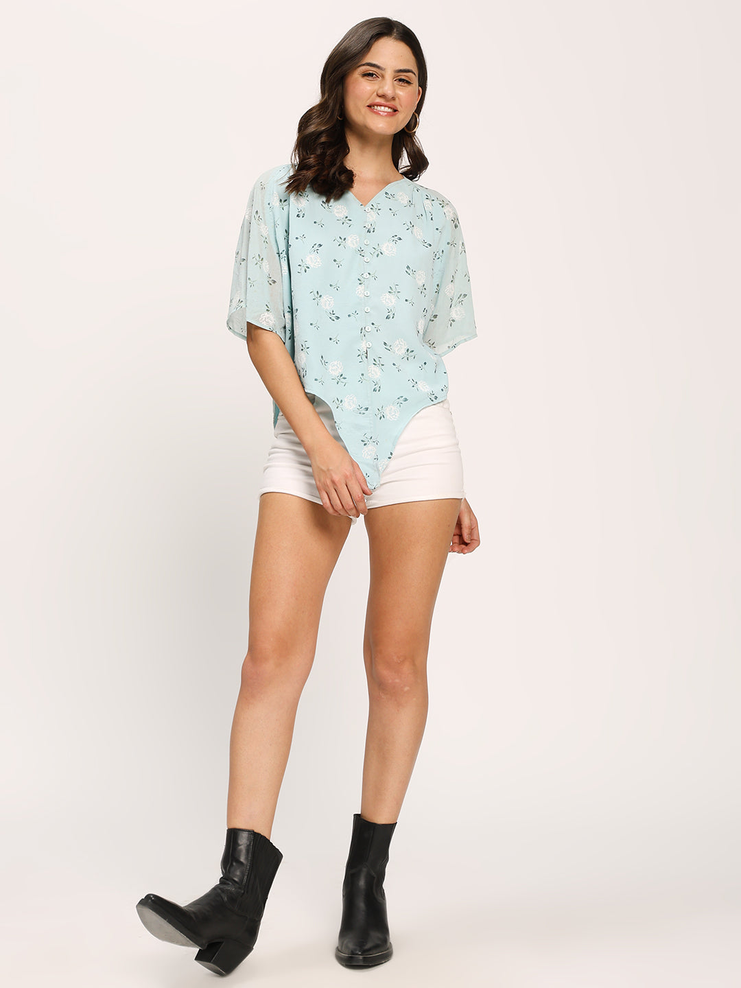 Blue Floral Print Crop Knot Shirt