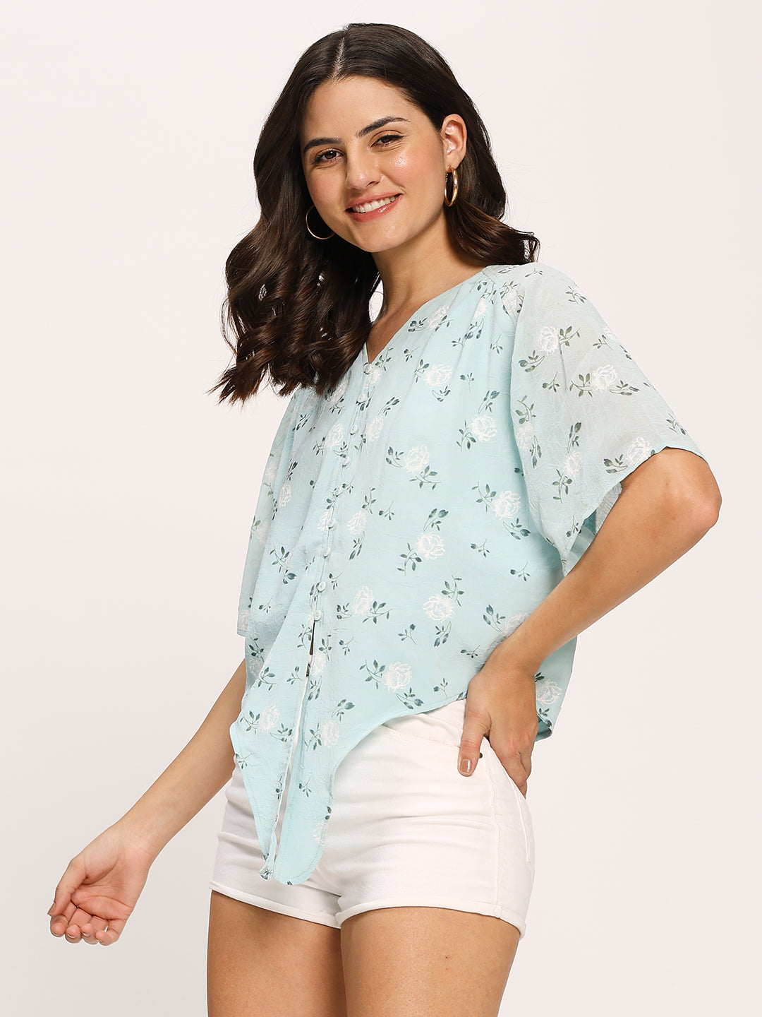 Blue Floral Print Crop Knot Shirt
