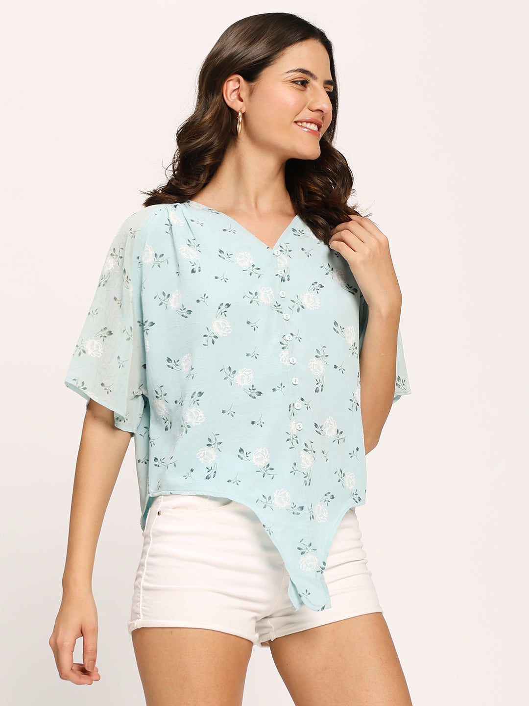 Blue Floral Print Crop Knot Shirt