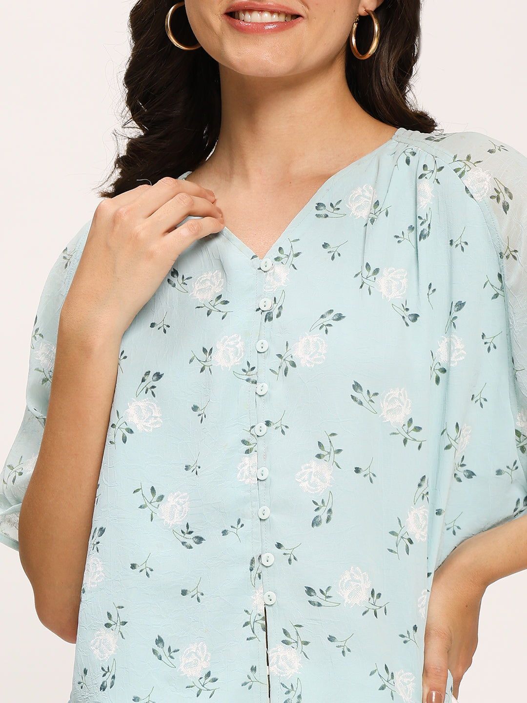 Blue Floral Print Crop Knot Shirt