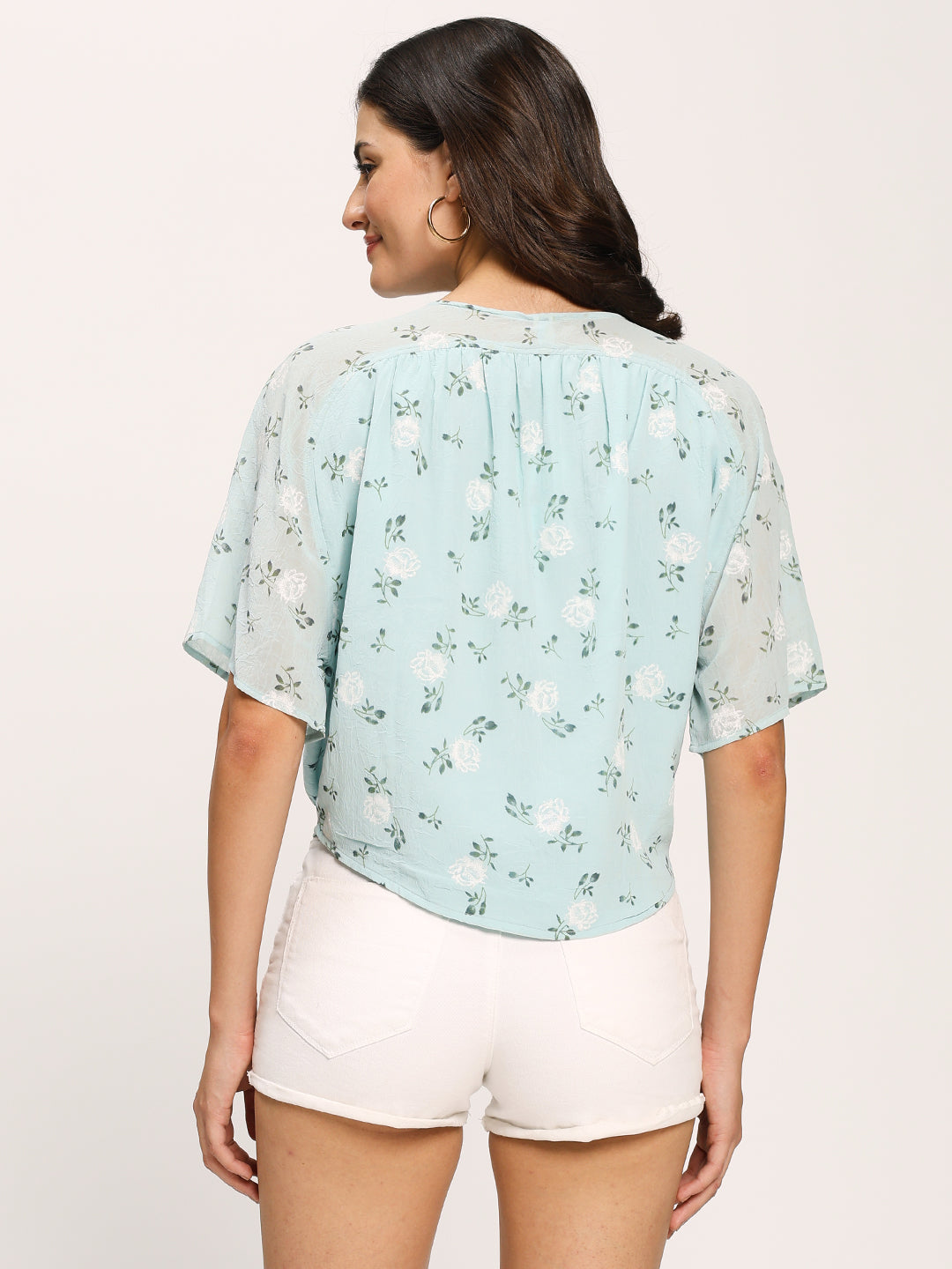 Blue Floral Print Crop Knot Shirt