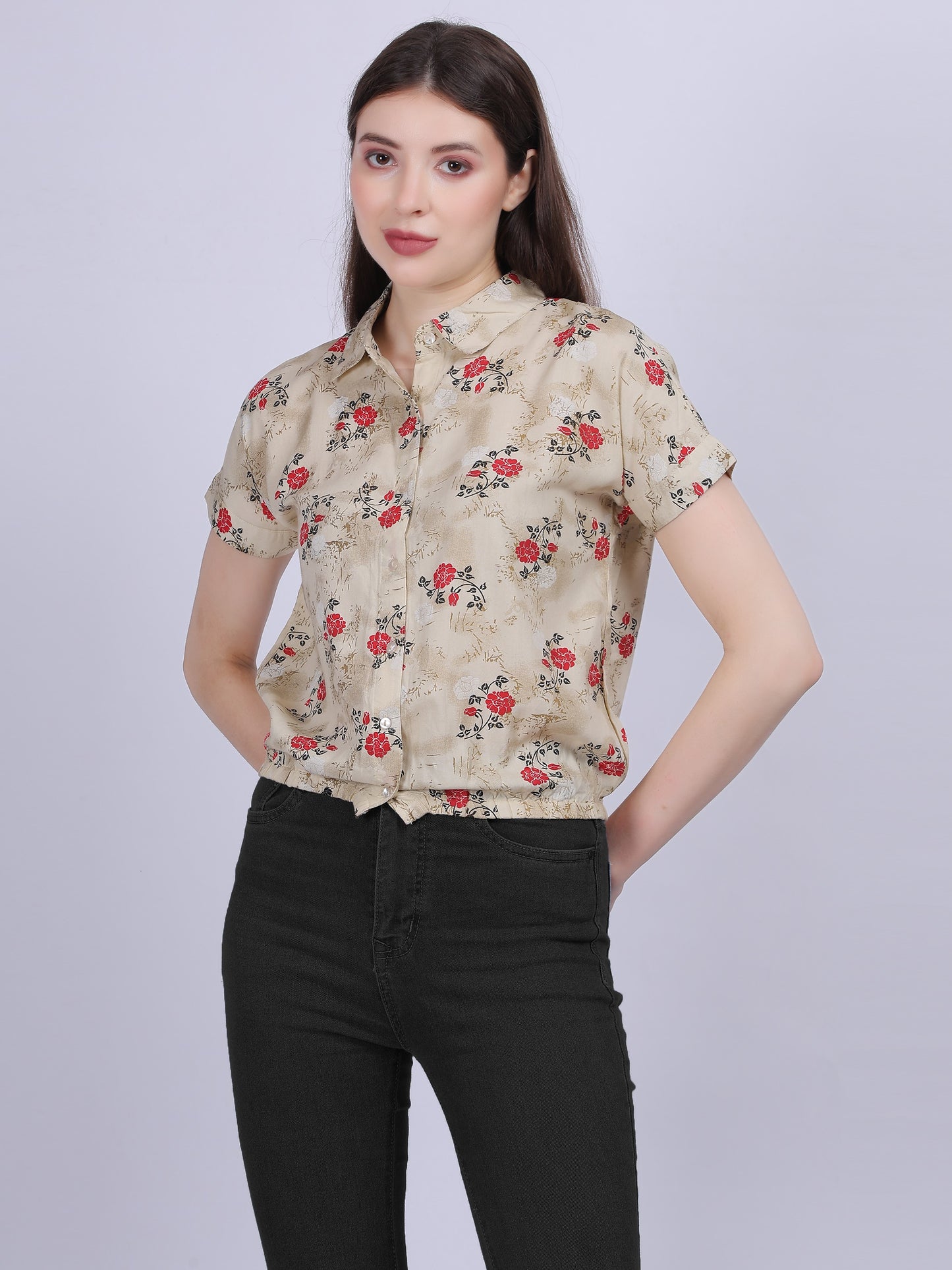 Beige Floral Print Casual Crop Shirt