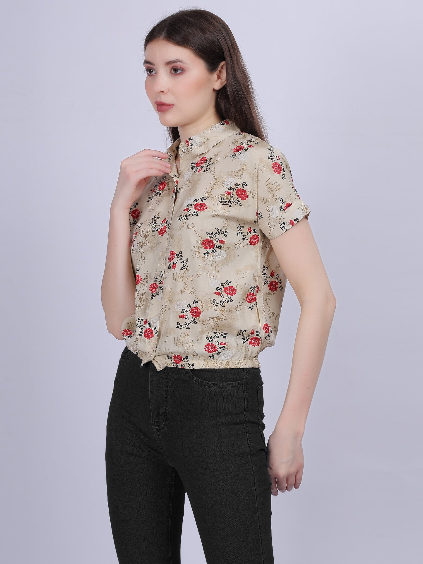 Beige Floral Print Casual Crop Shirt