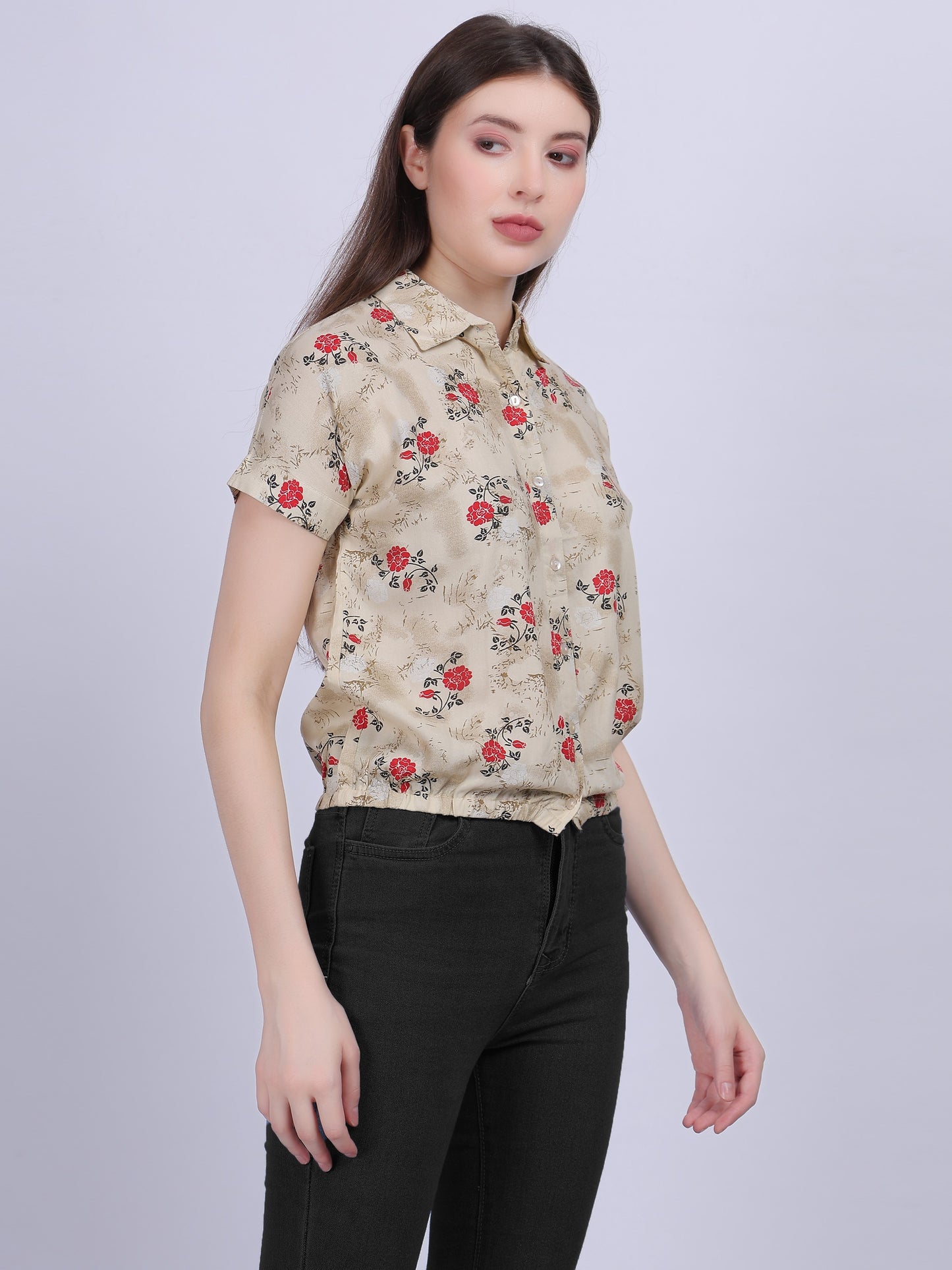 Beige Floral Print Casual Crop Shirt