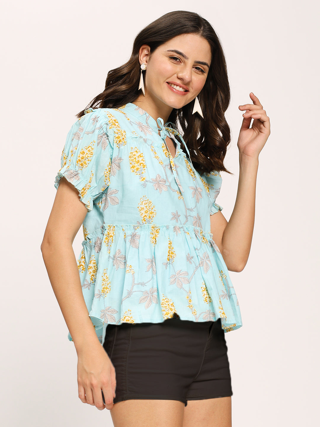 Blue Floral Print Casual Cotton Top