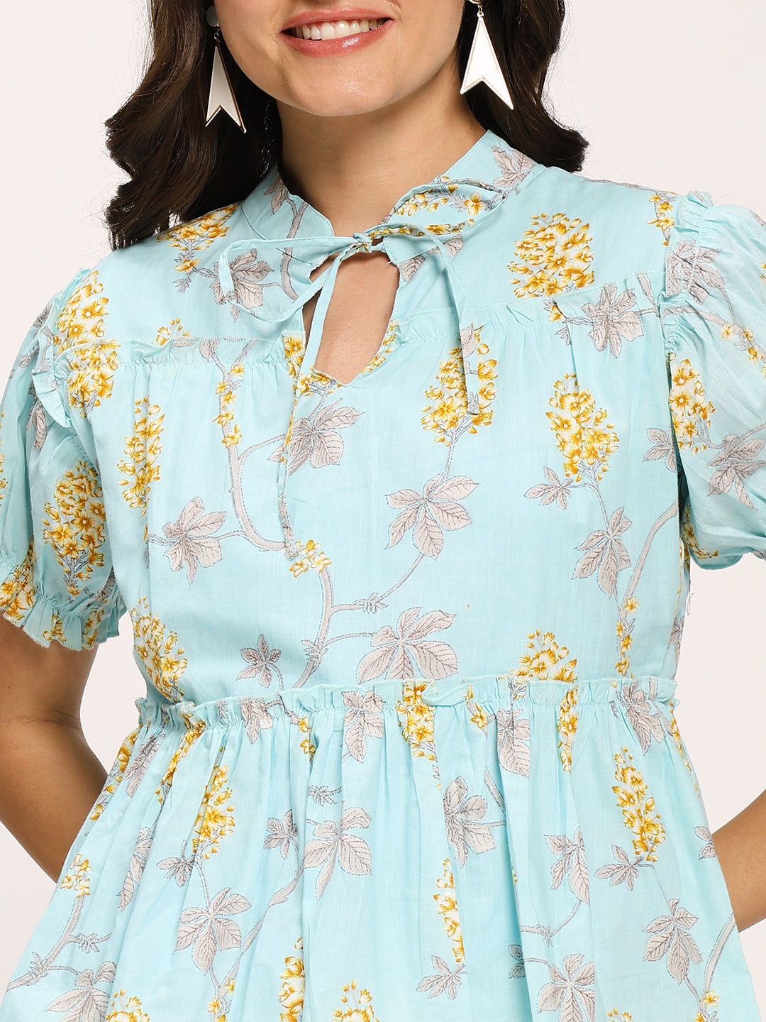 Blue Floral Print Casual Cotton Top