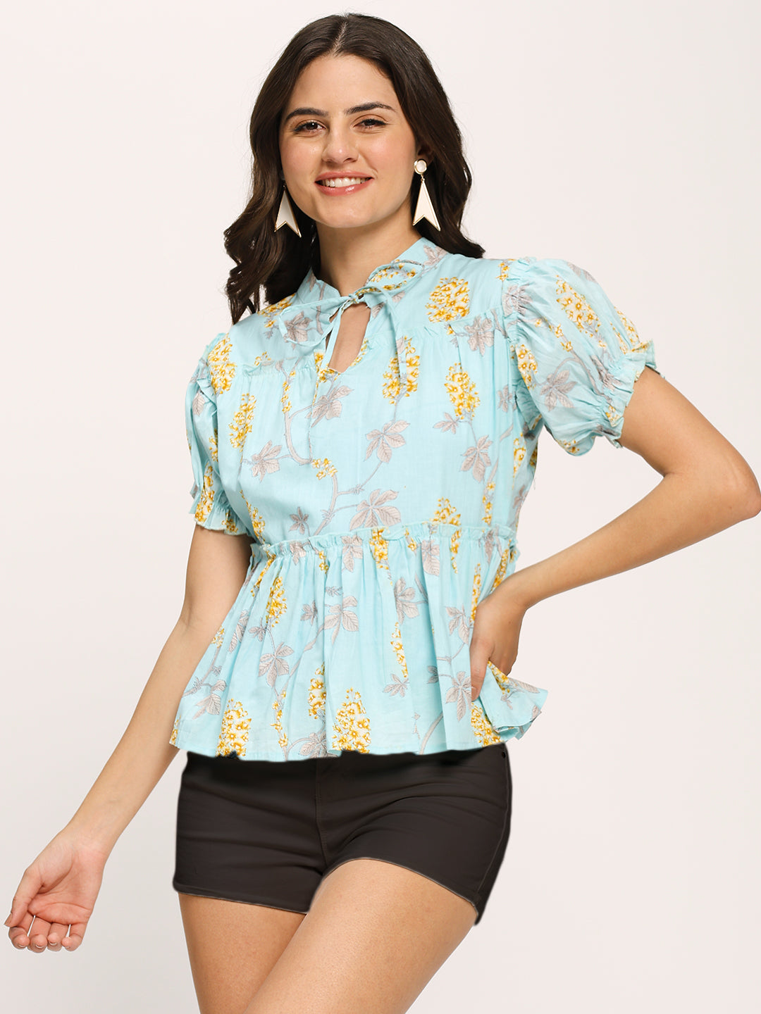 Blue Floral Print Casual Cotton Top