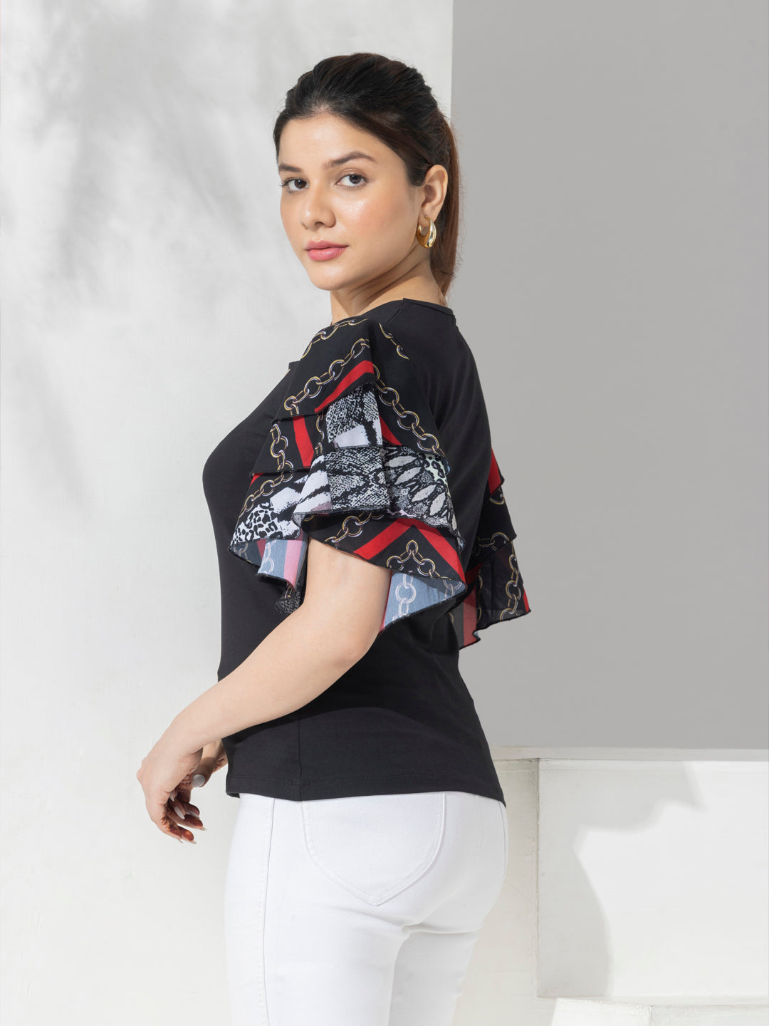 Black Mix & Match Solid Top With Fancy Layered Printed Sleeves