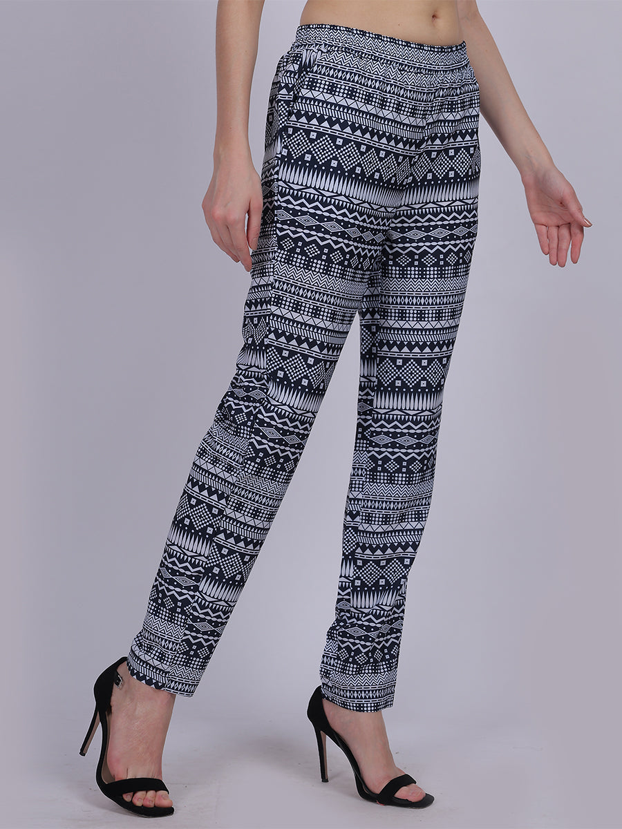 Navy Narrow Fit Printed Trouser Pants