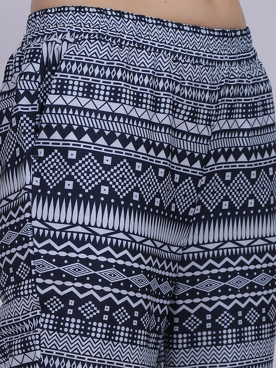 Navy Narrow Fit Printed Trouser Pants