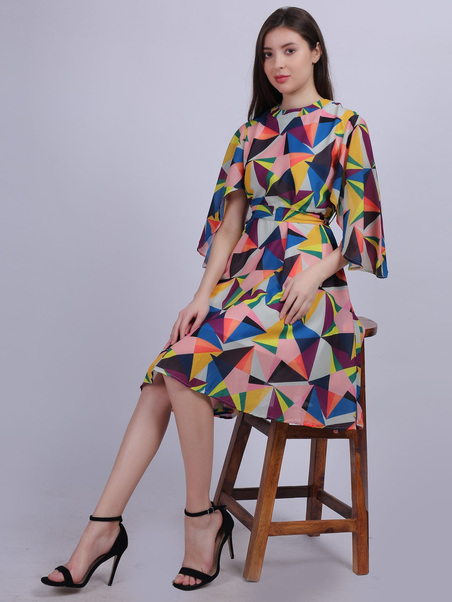 Yellow Abstract Print Fashion Bell Sleeves Dress