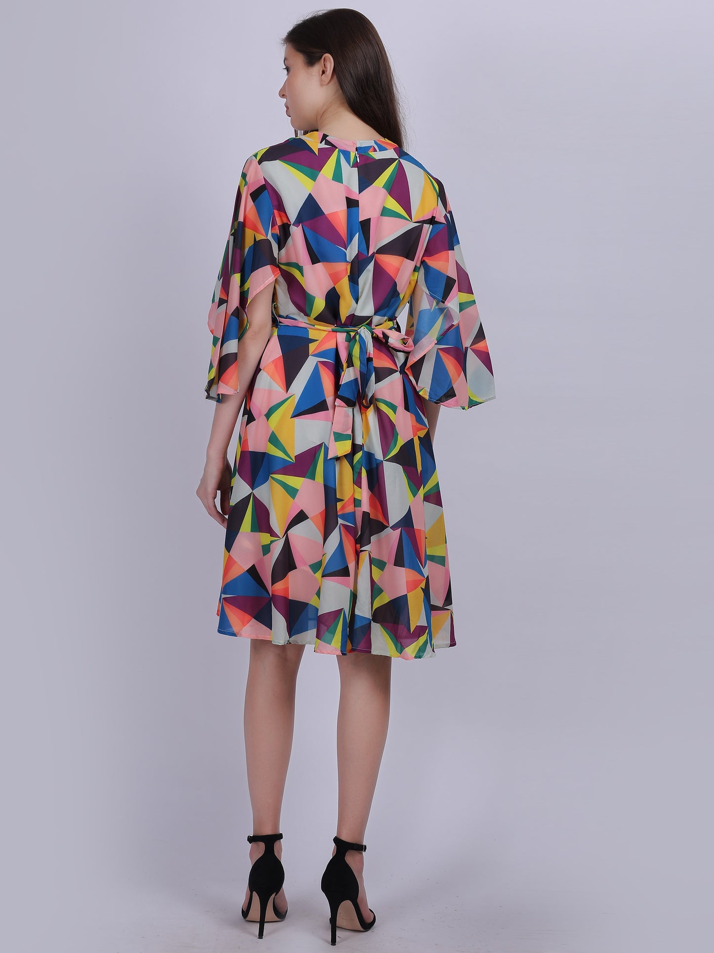 Yellow Abstract Print Fashion Bell Sleeves Dress