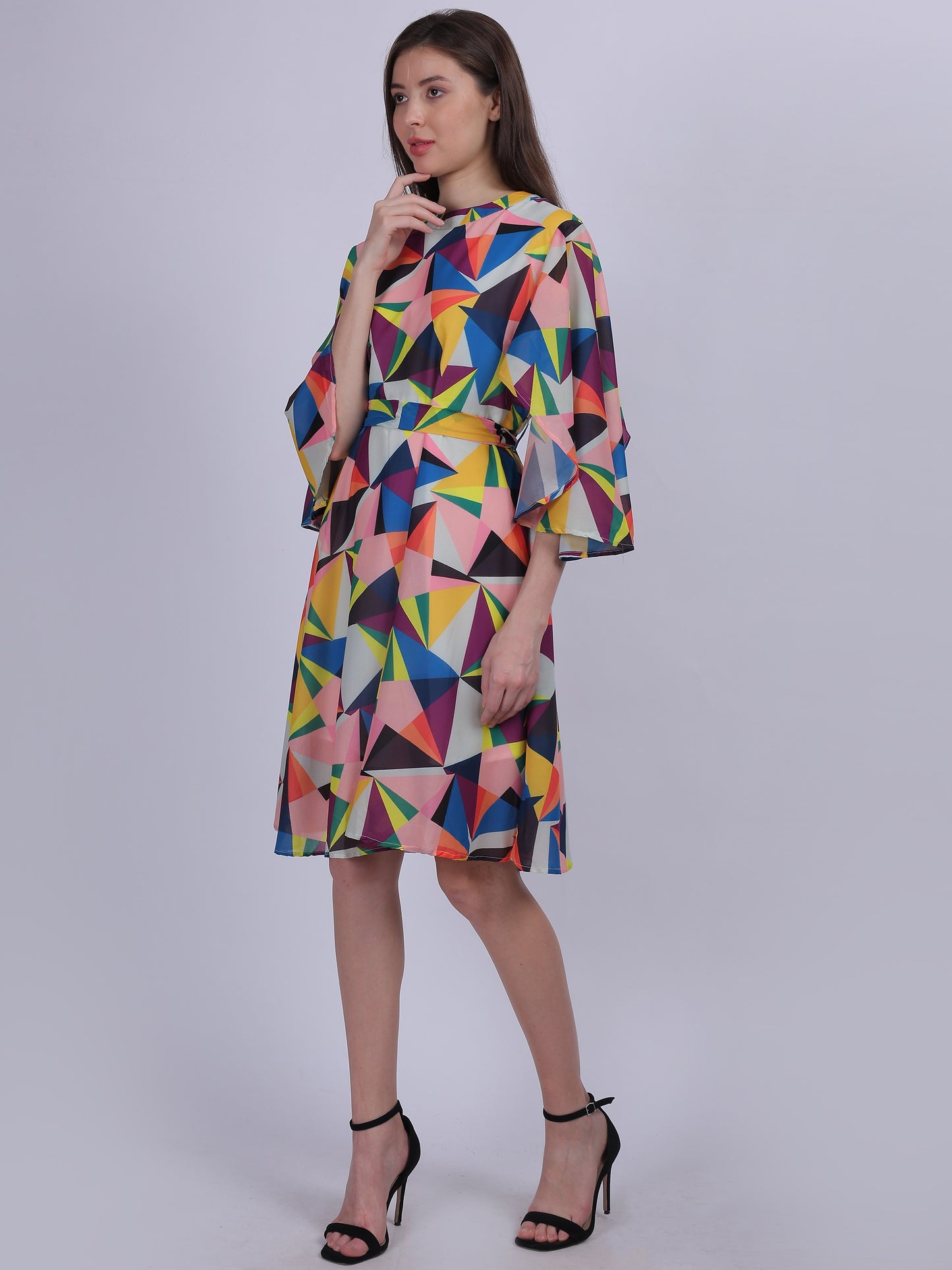 Yellow Abstract Print Fashion Bell Sleeves Dress