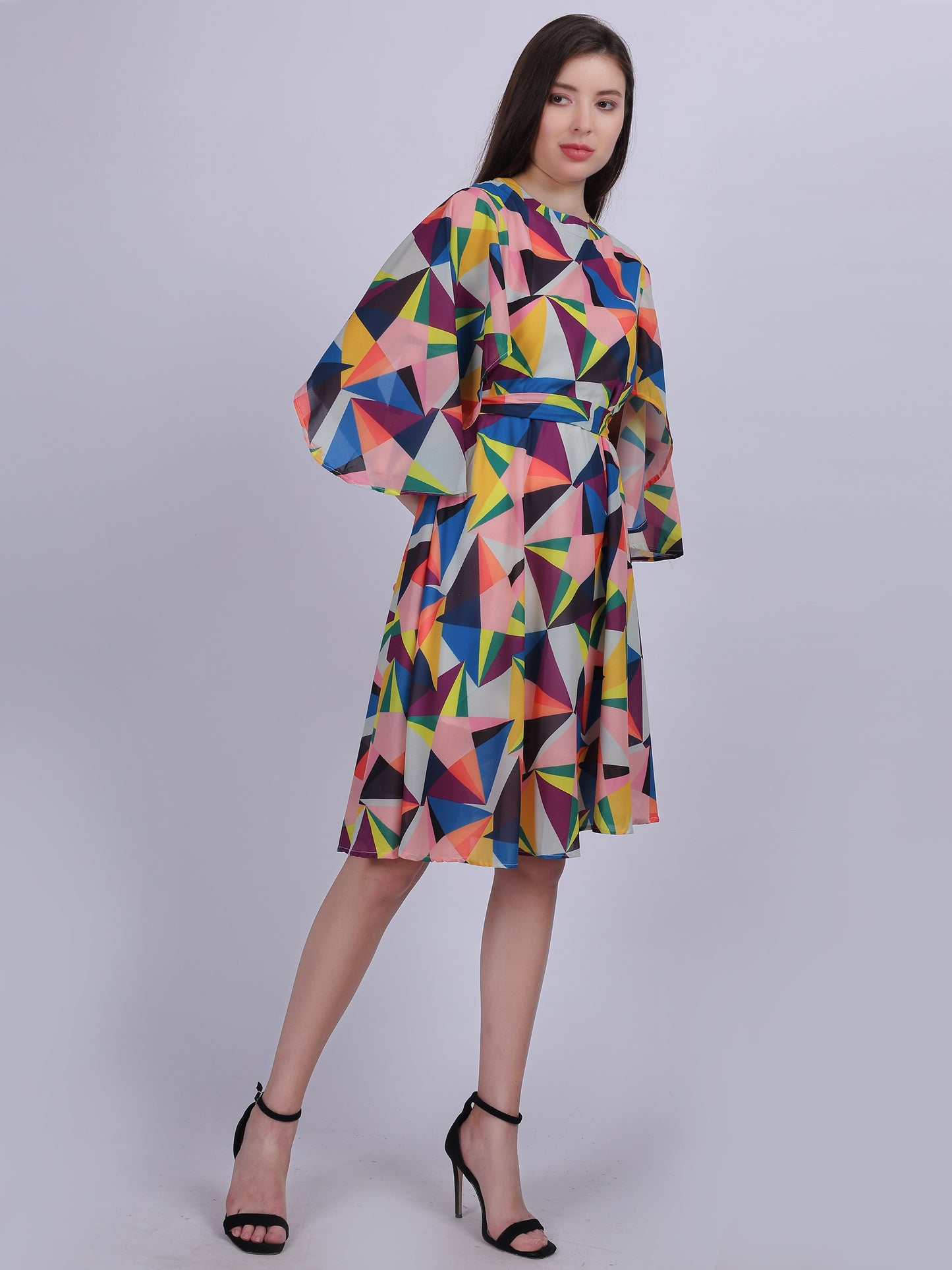 Yellow Abstract Print Fashion Bell Sleeves Dress