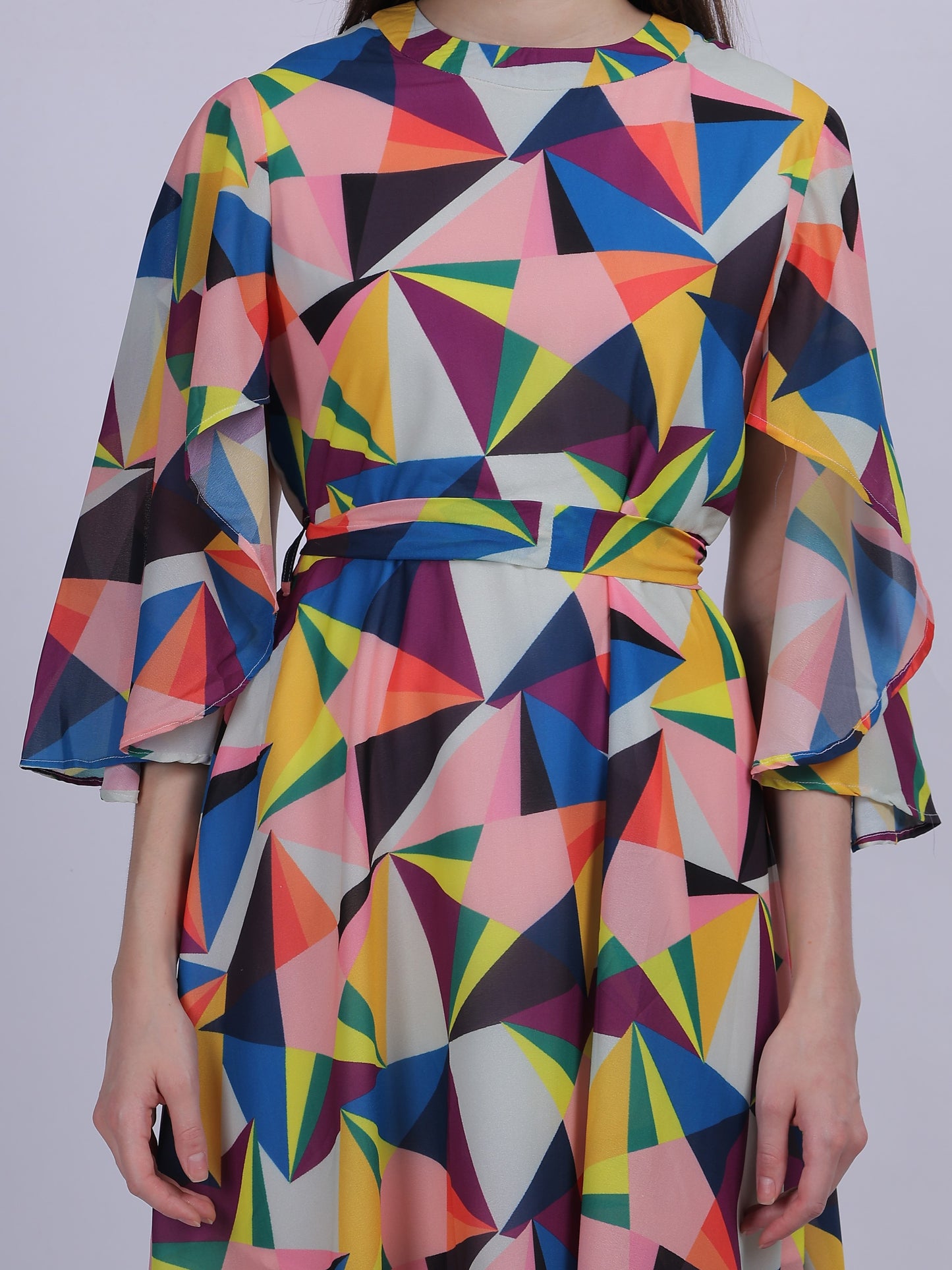 Yellow Abstract Print Fashion Bell Sleeves Dress