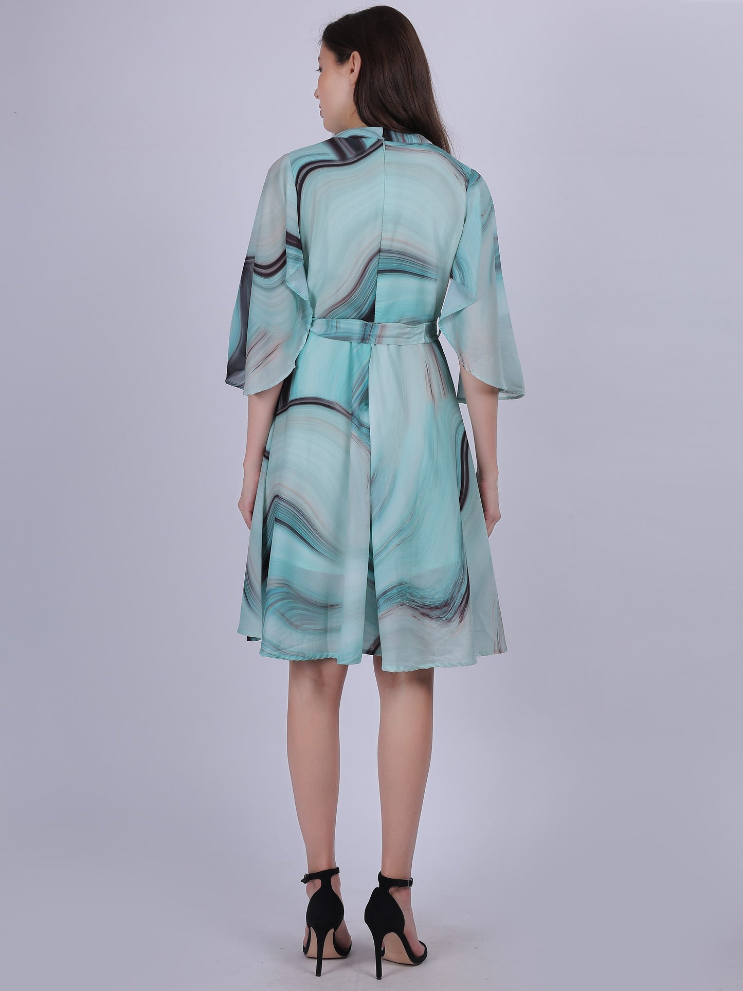 Green Abstract Print Fashion Bell Sleeves Dress