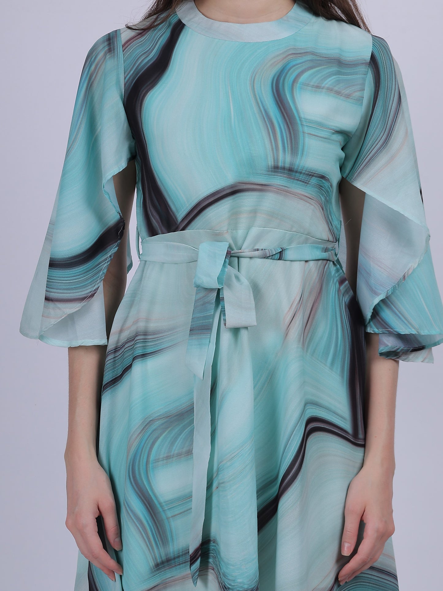 Green Abstract Print Fashion Bell Sleeves Dress