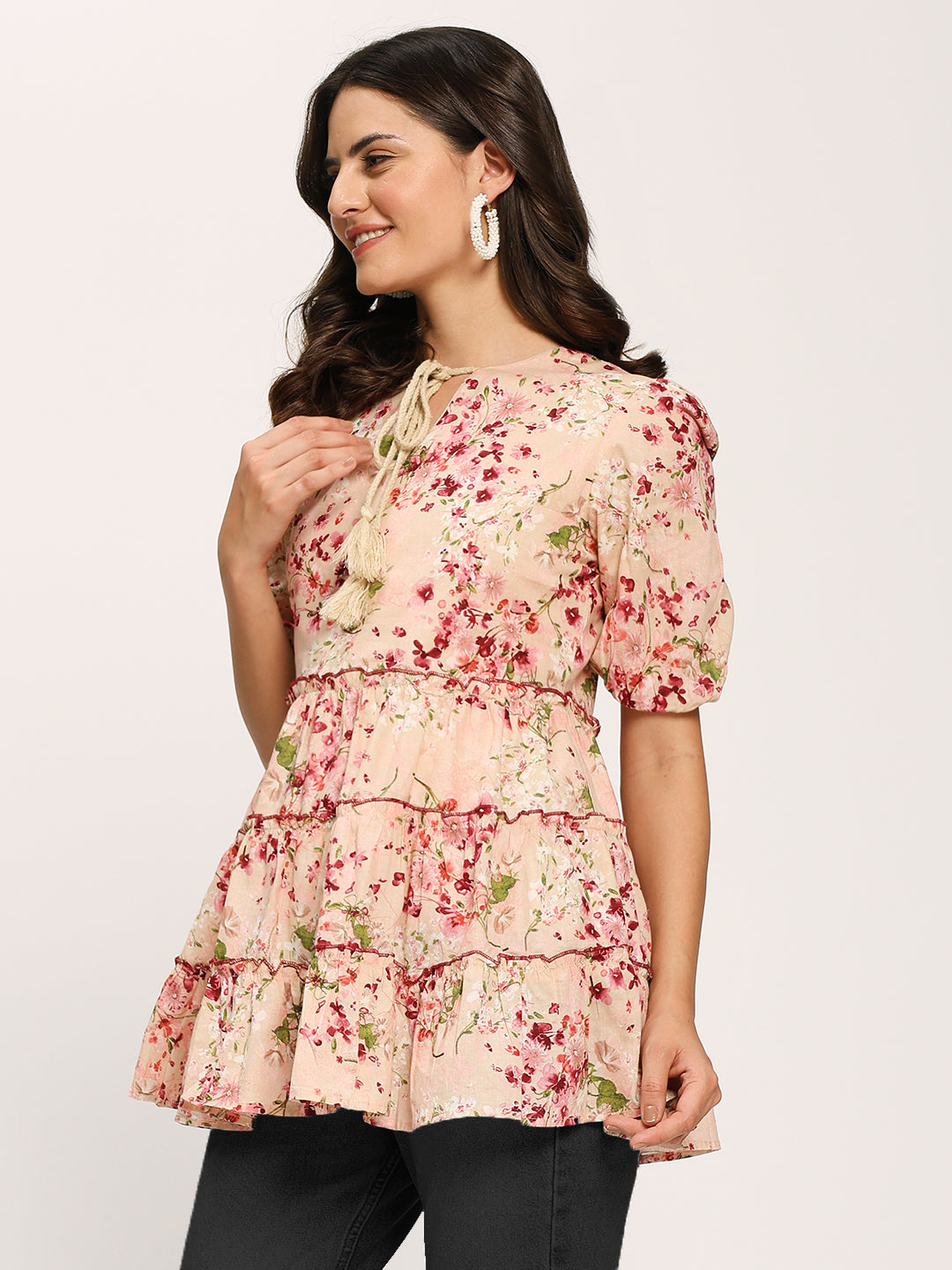 Pink Floral Print Casual Cotton Tunic Top