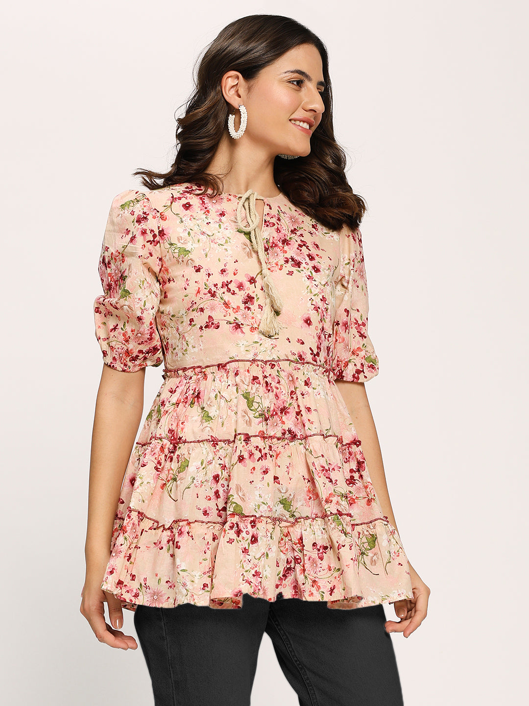 Pink Floral Print Casual Cotton Tunic Top