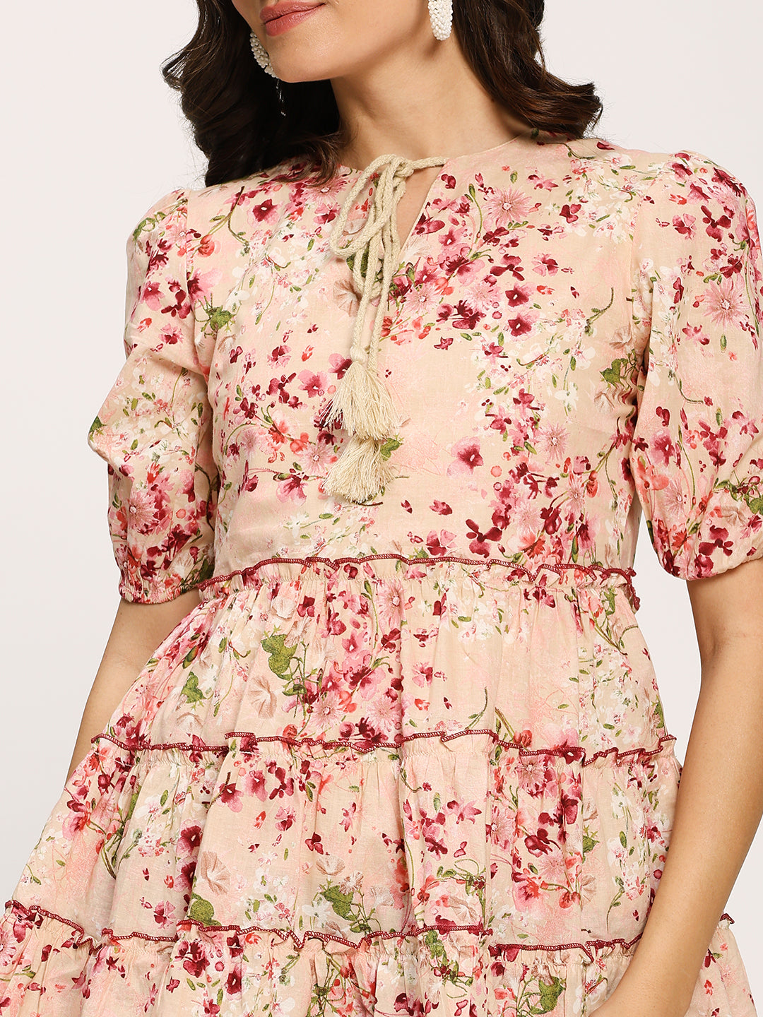 Pink Floral Print Casual Cotton Tunic Top