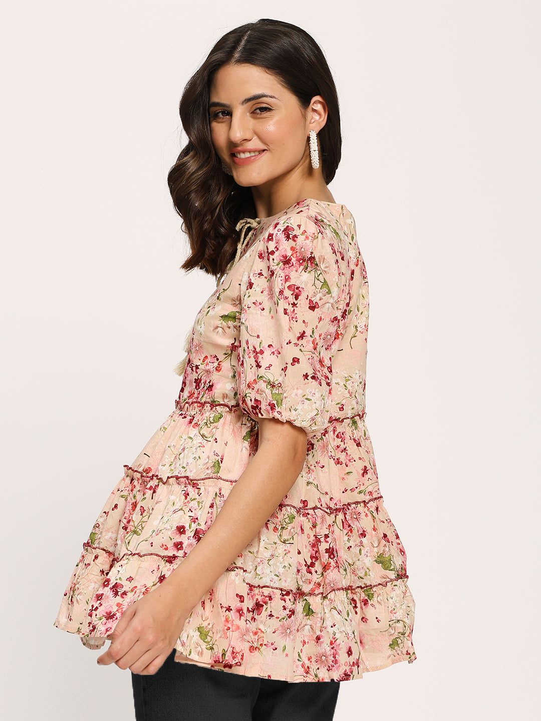 Pink Floral Print Casual Cotton Tunic Top
