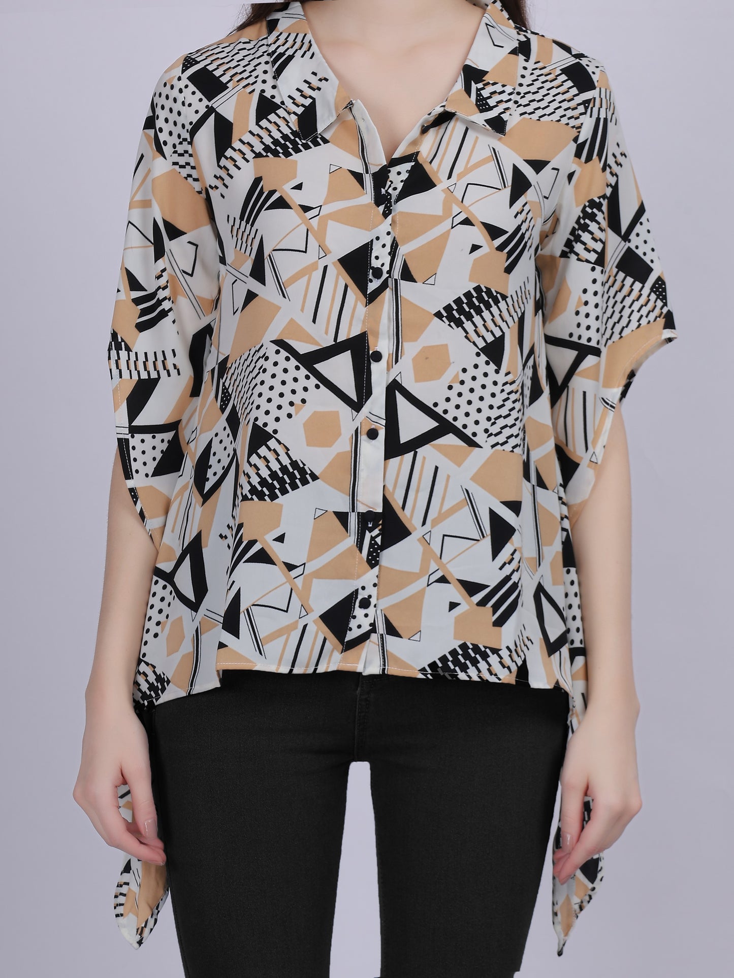 Beige Asymmetric Abstract Print Tunic Fashion Top