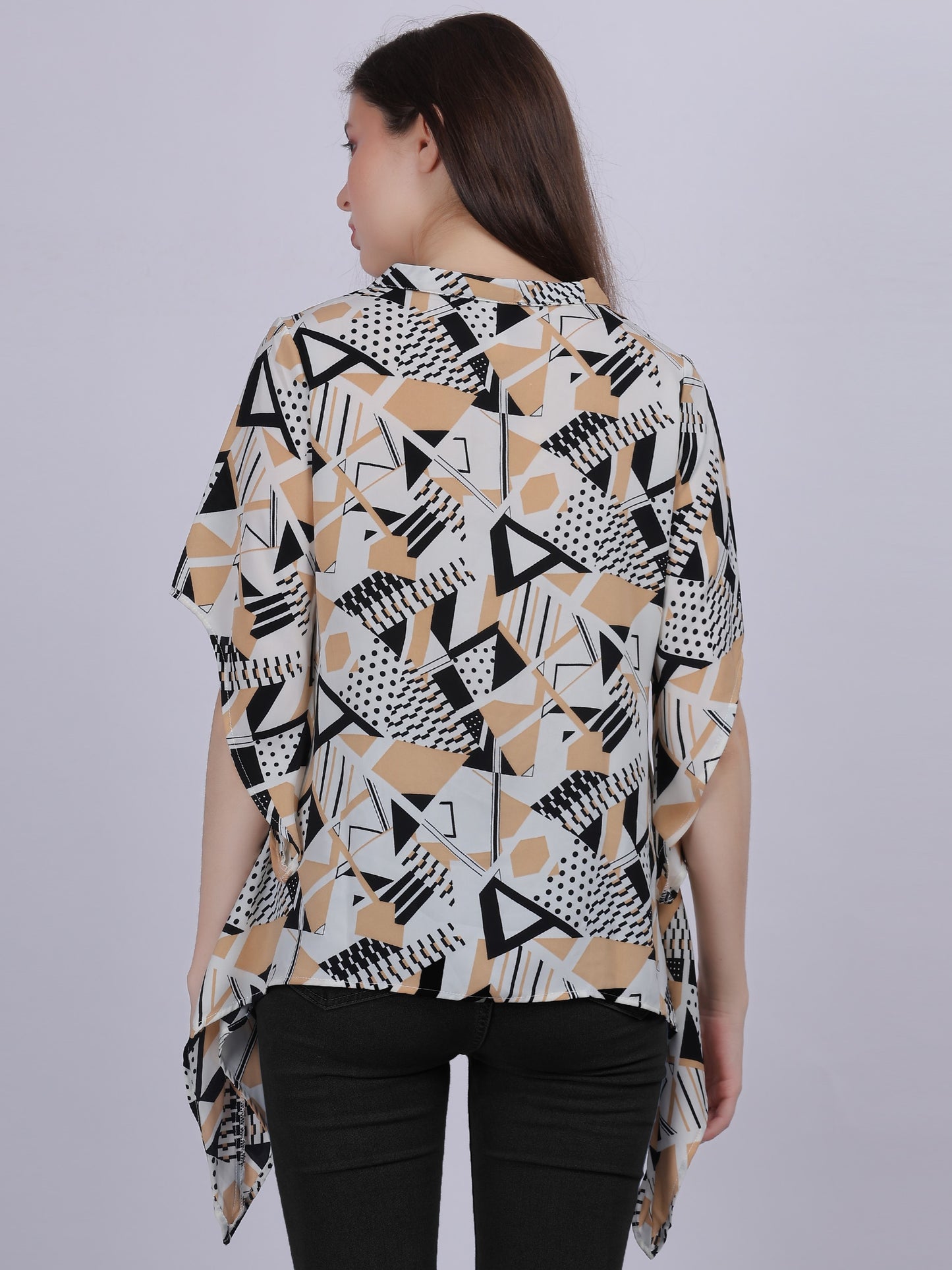 Beige Asymmetric Abstract Print Tunic Fashion Top