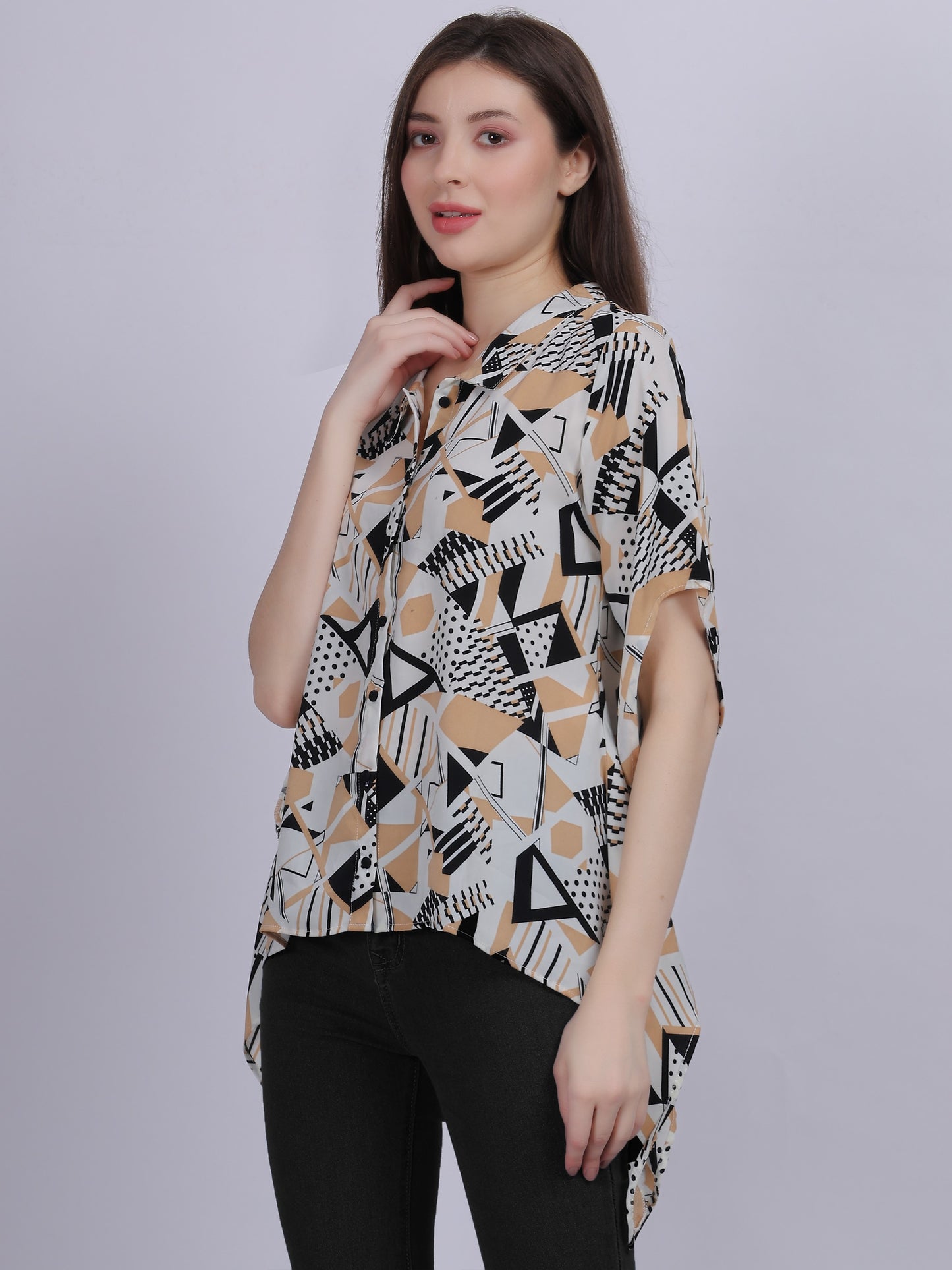 Beige Asymmetric Abstract Print Tunic Fashion Top
