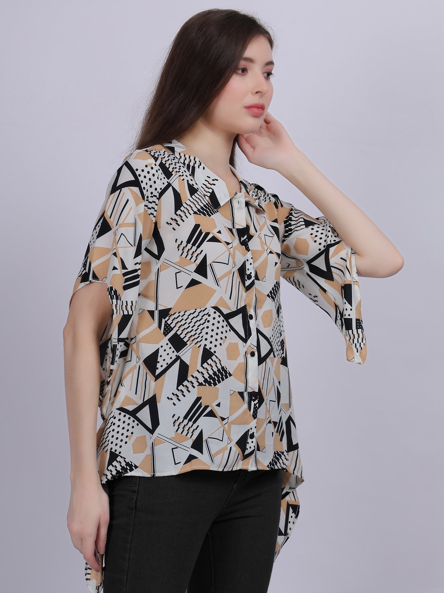 Beige Asymmetric Abstract Print Tunic Fashion Top
