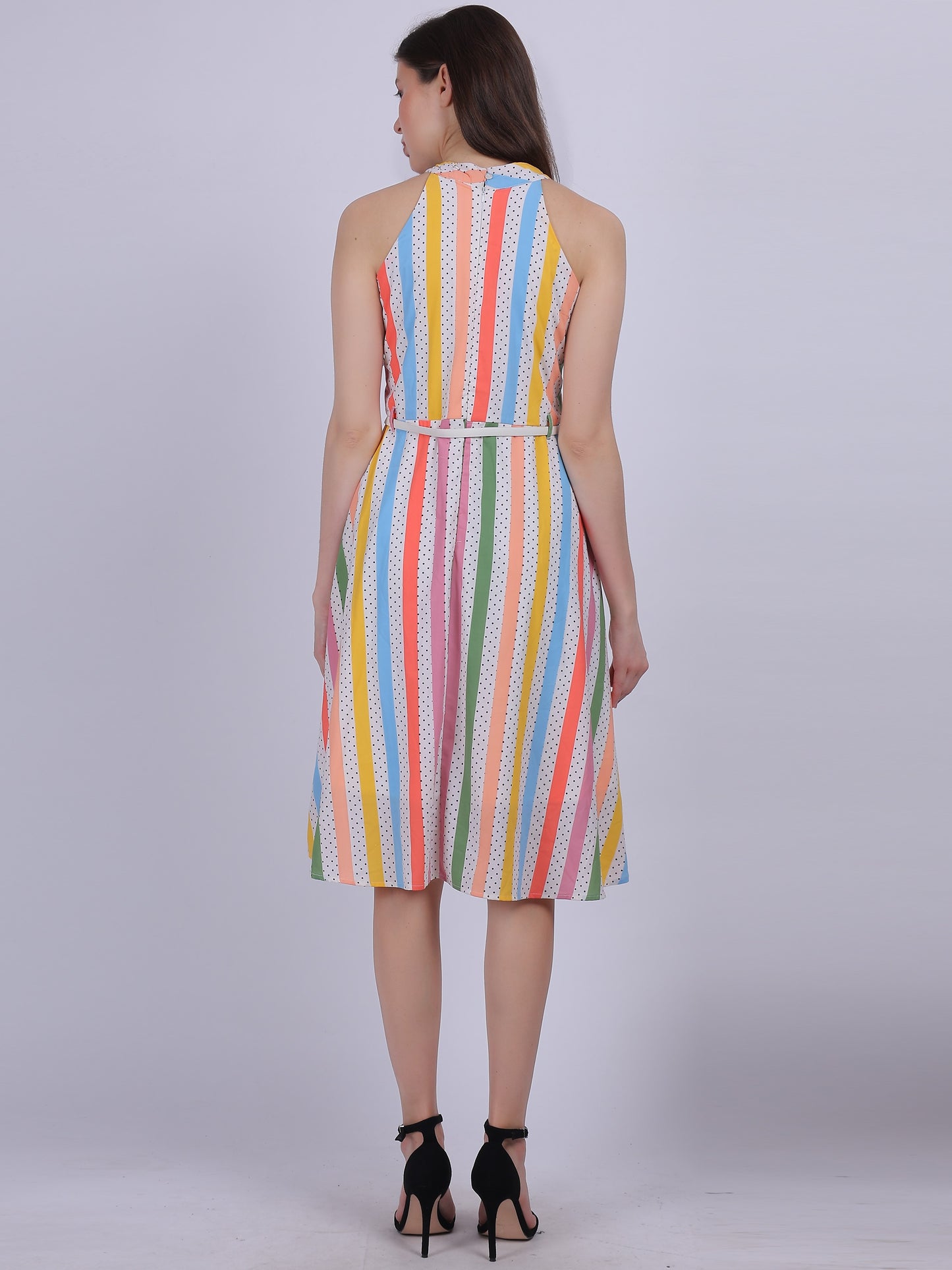 Multi Print Halter Neck Fashion Dress With Belt
