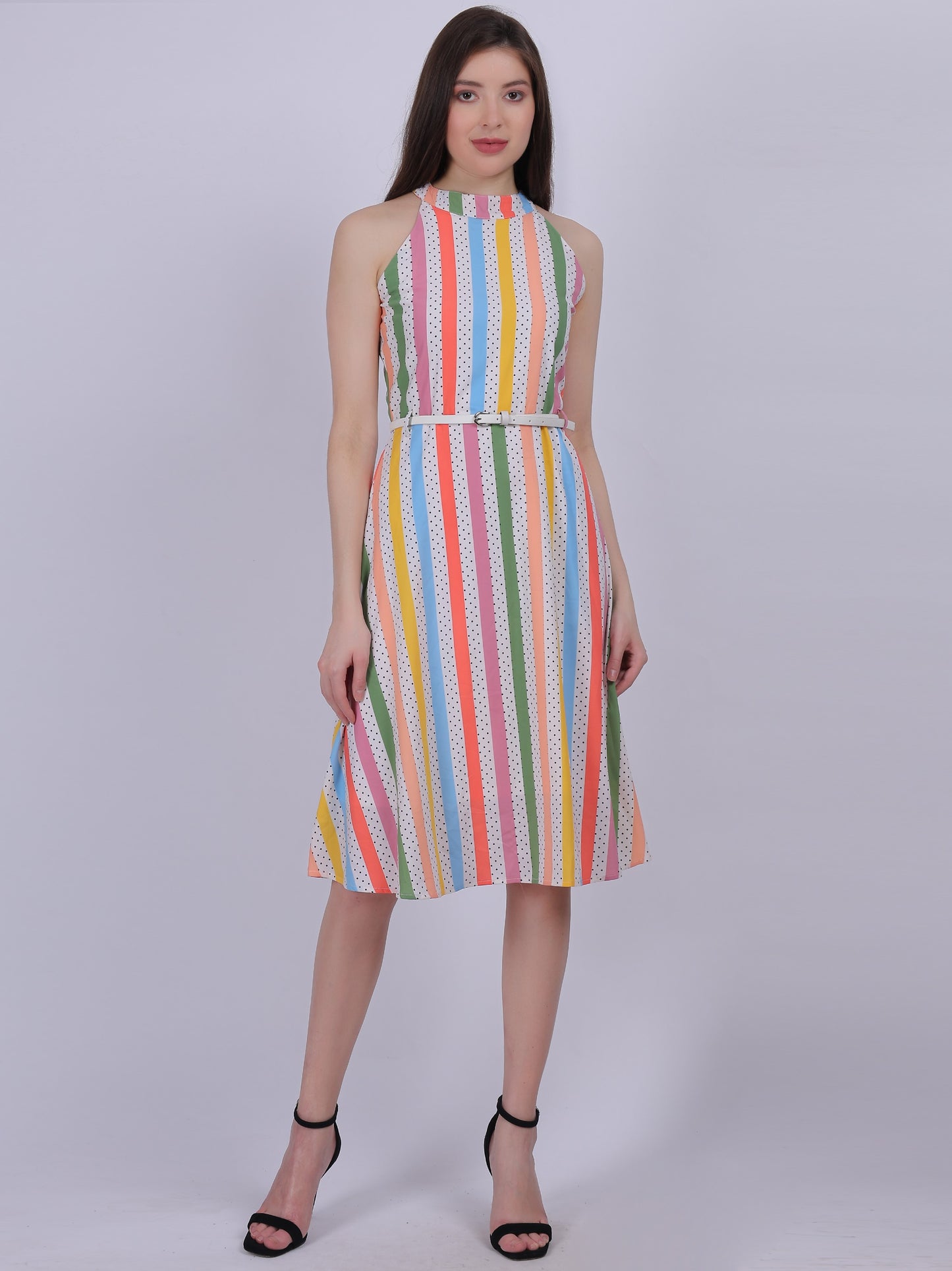 Multi Print Halter Neck Fashion Dress With Belt
