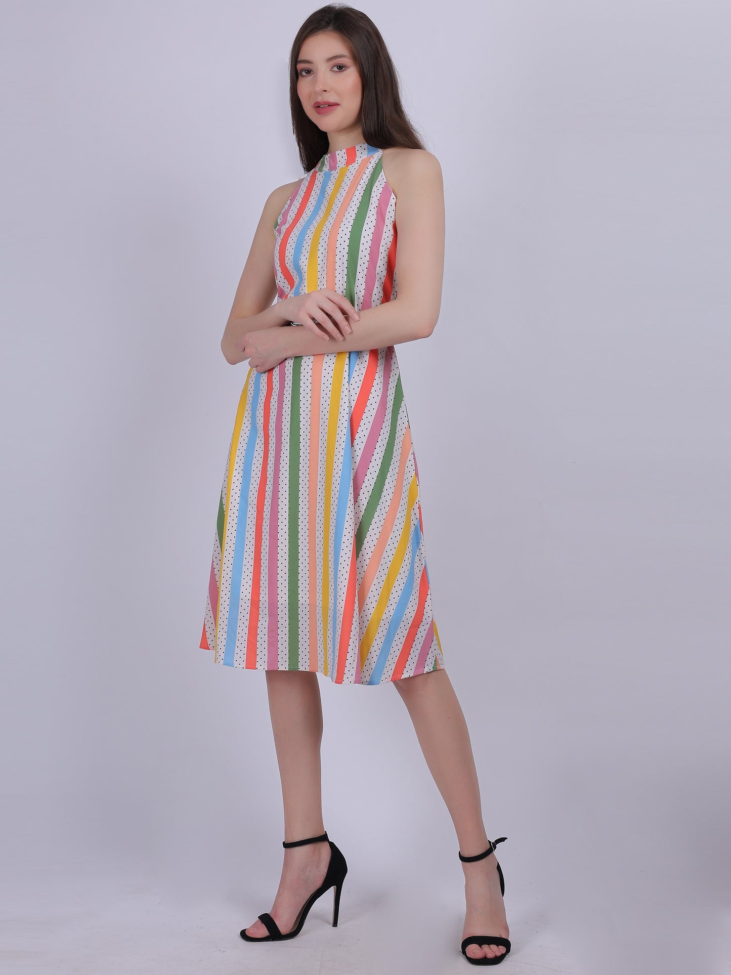 Multi Print Halter Neck Fashion Dress With Belt