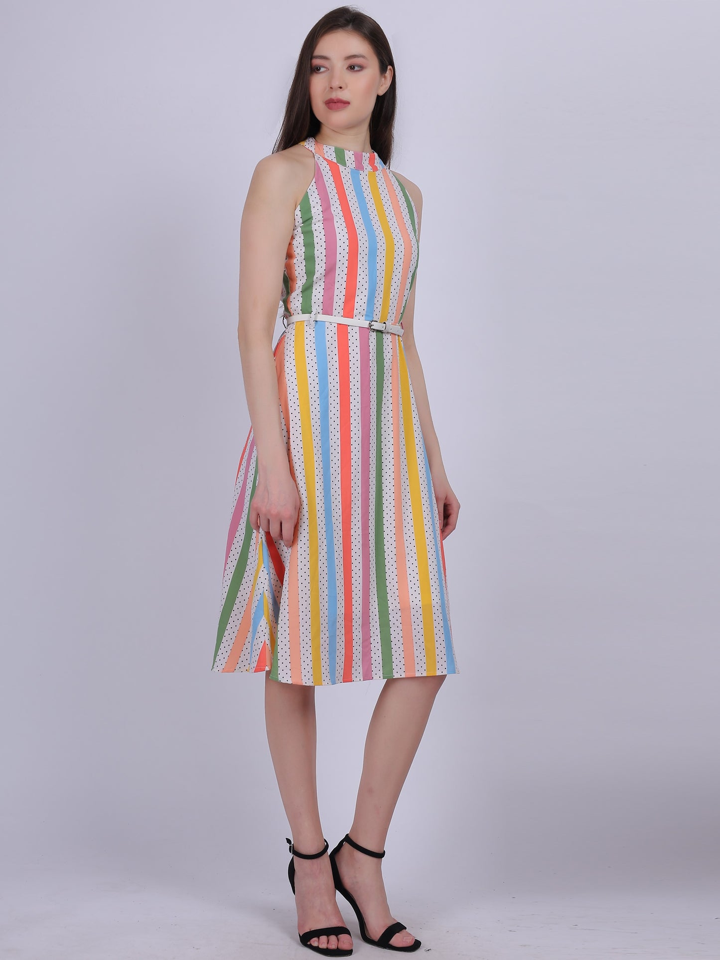 Multi Print Halter Neck Fashion Dress With Belt