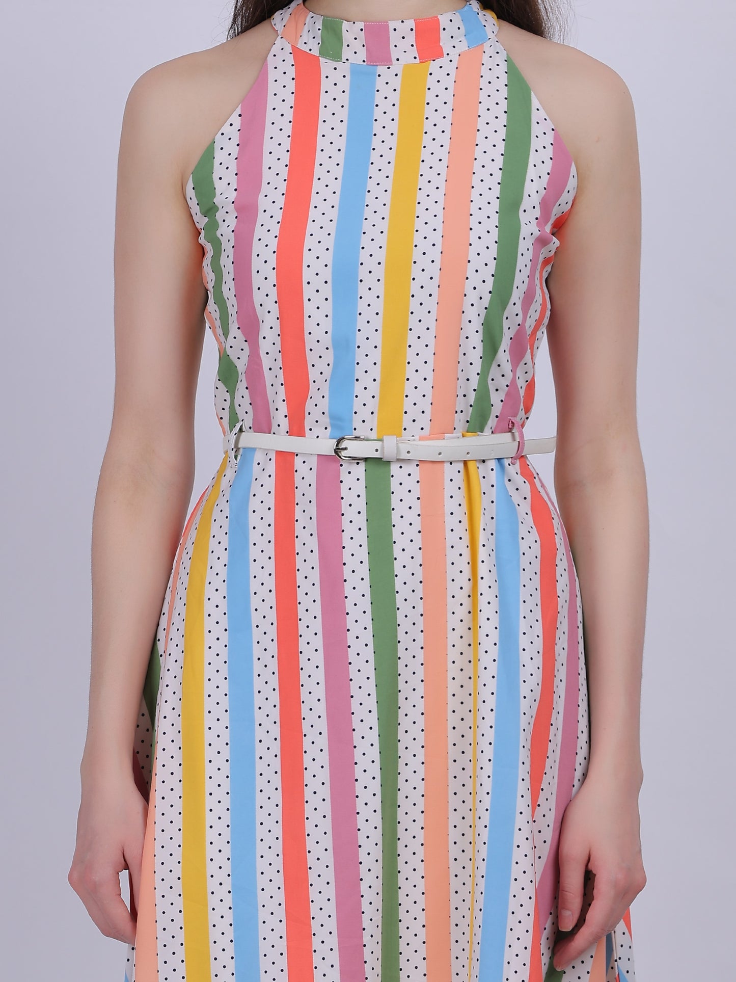 Multi Print Halter Neck Fashion Dress With Belt