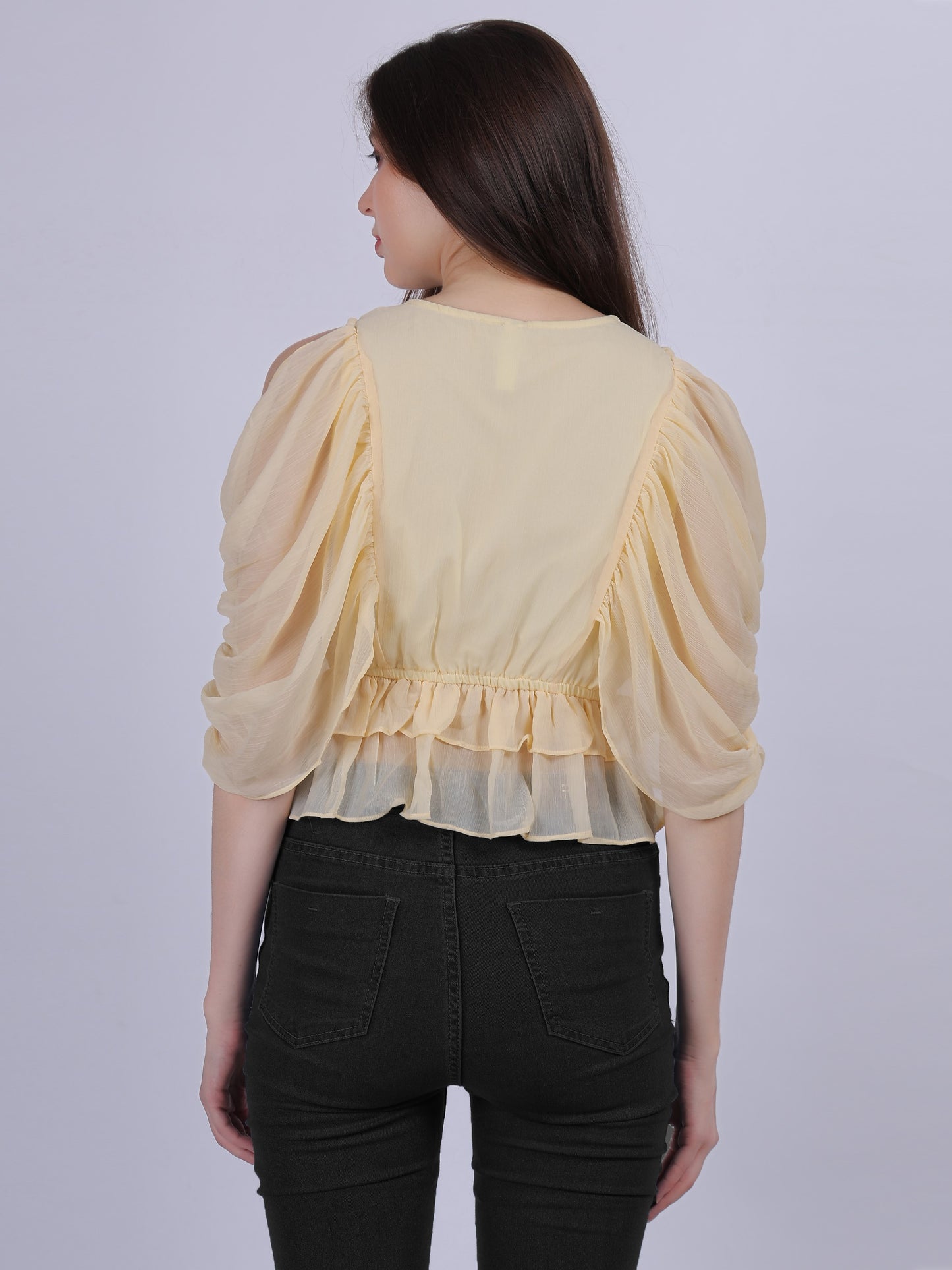Yellow Basic Top With Fashion Ruffle Layered Sleeves With Metal Id Embellishment