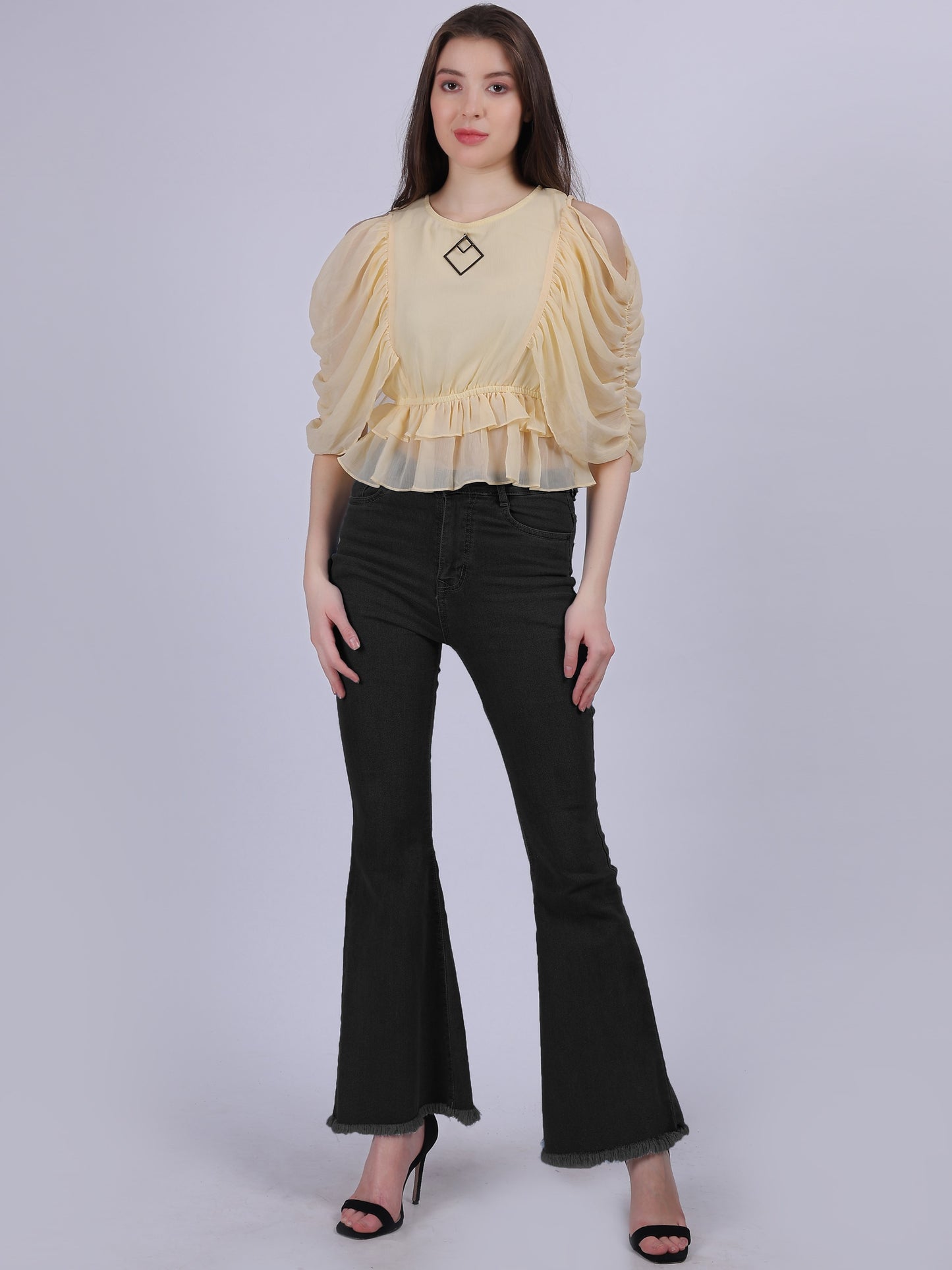 Yellow Basic Top With Fashion Ruffle Layered Sleeves With Metal Id Embellishment