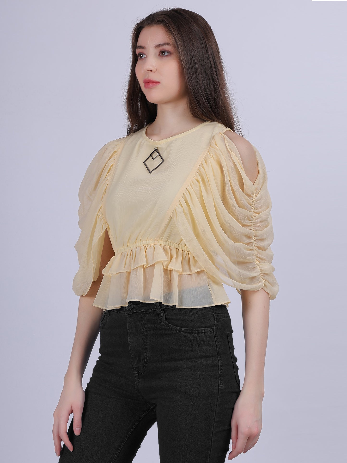 Yellow Basic Top With Fashion Ruffle Layered Sleeves With Metal Id Embellishment