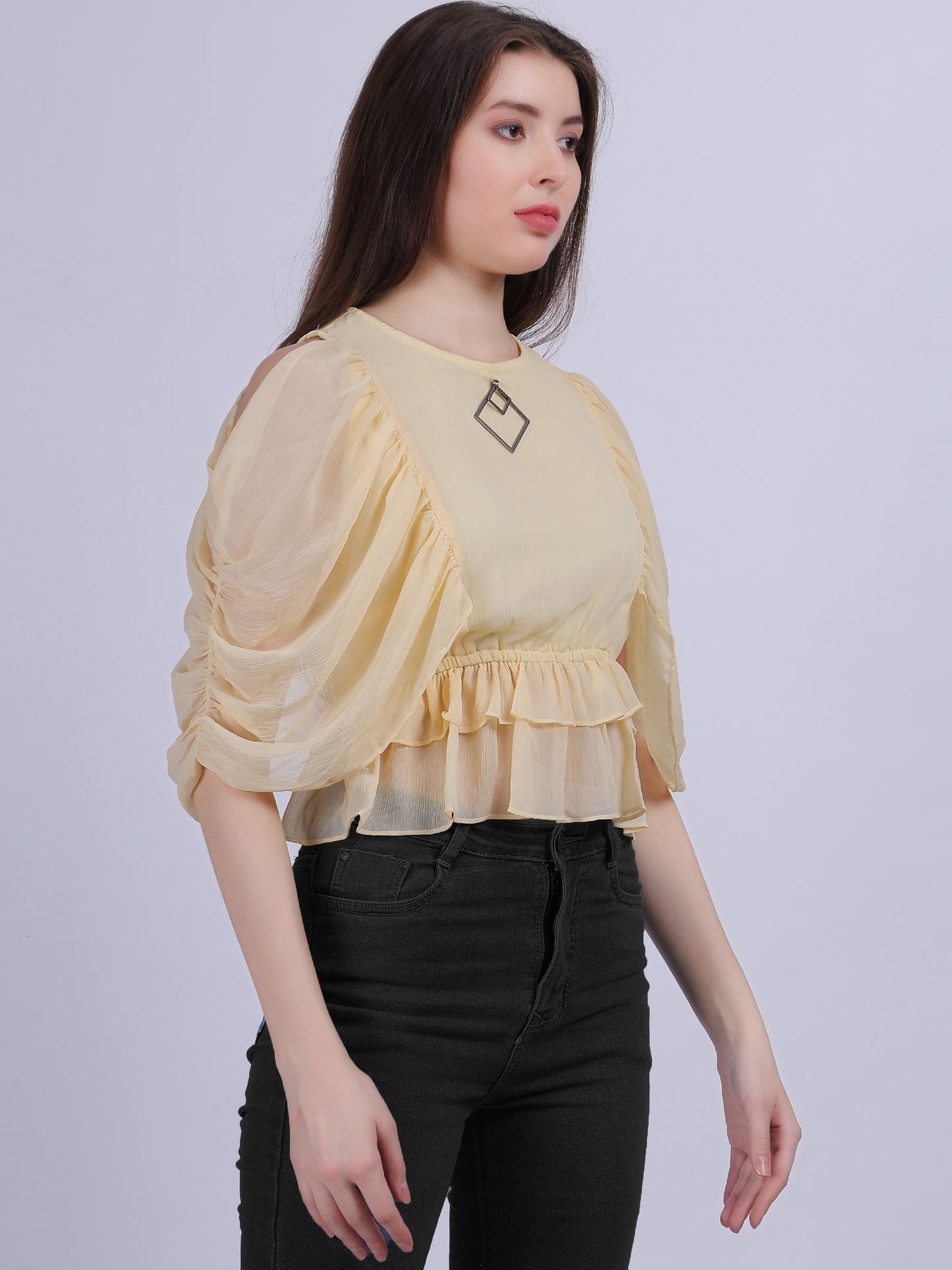 Yellow Basic Top With Fashion Ruffle Layered Sleeves With Metal Id Embellishment