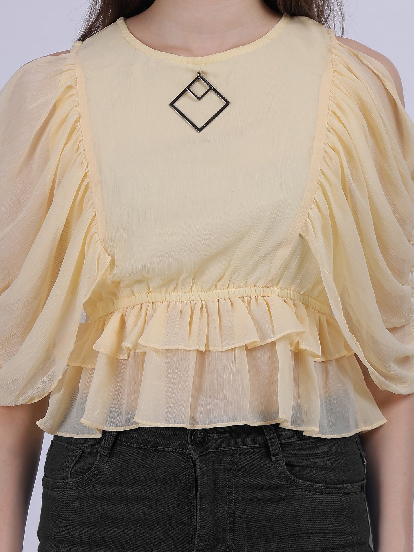 Yellow Basic Top With Fashion Ruffle Layered Sleeves With Metal Id Embellishment