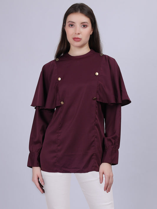 Wine Satin Full Length Top With Button Embellishment