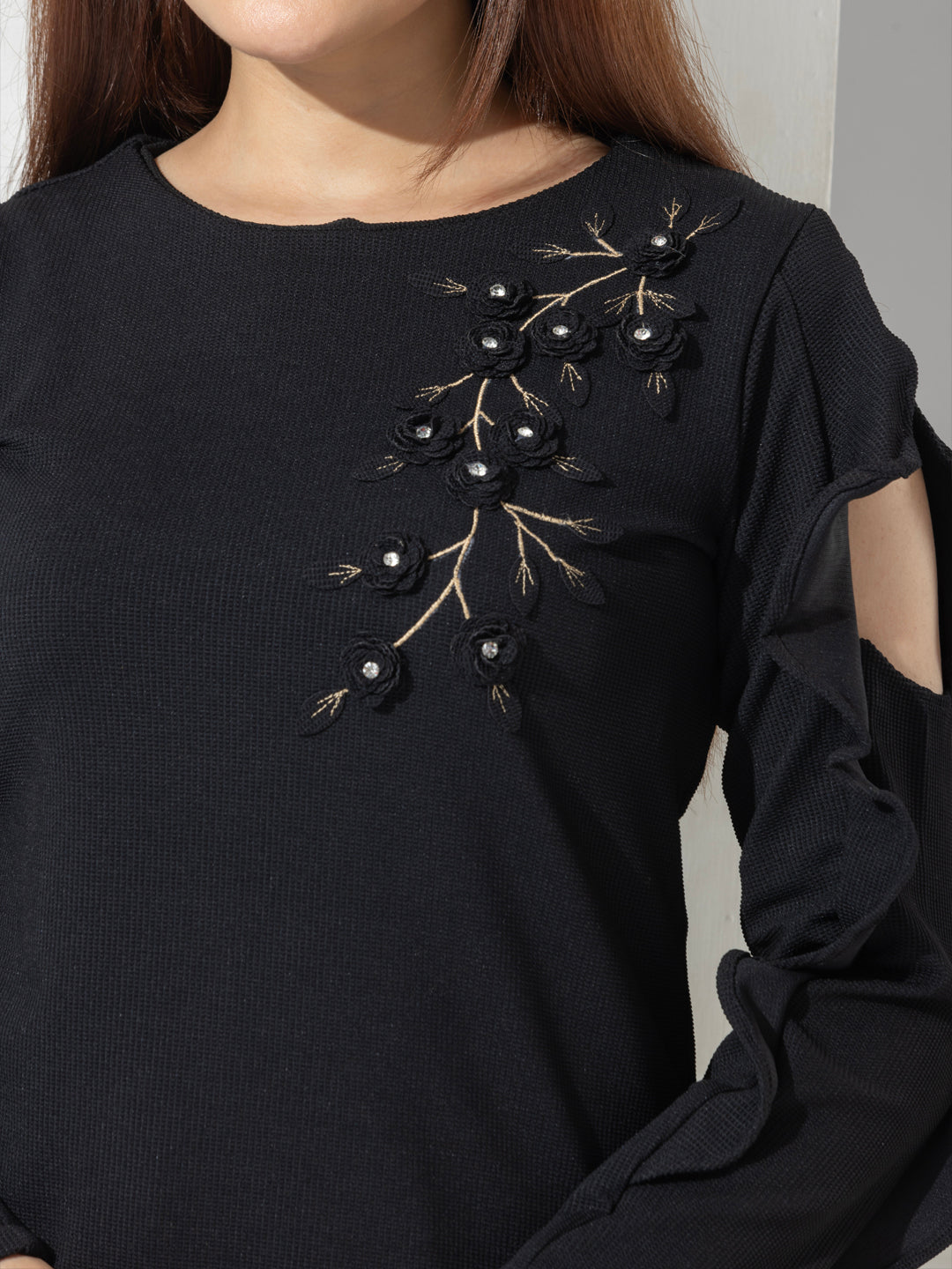 Fashion Top With Ruffle Sleeves & Hand Embroidery