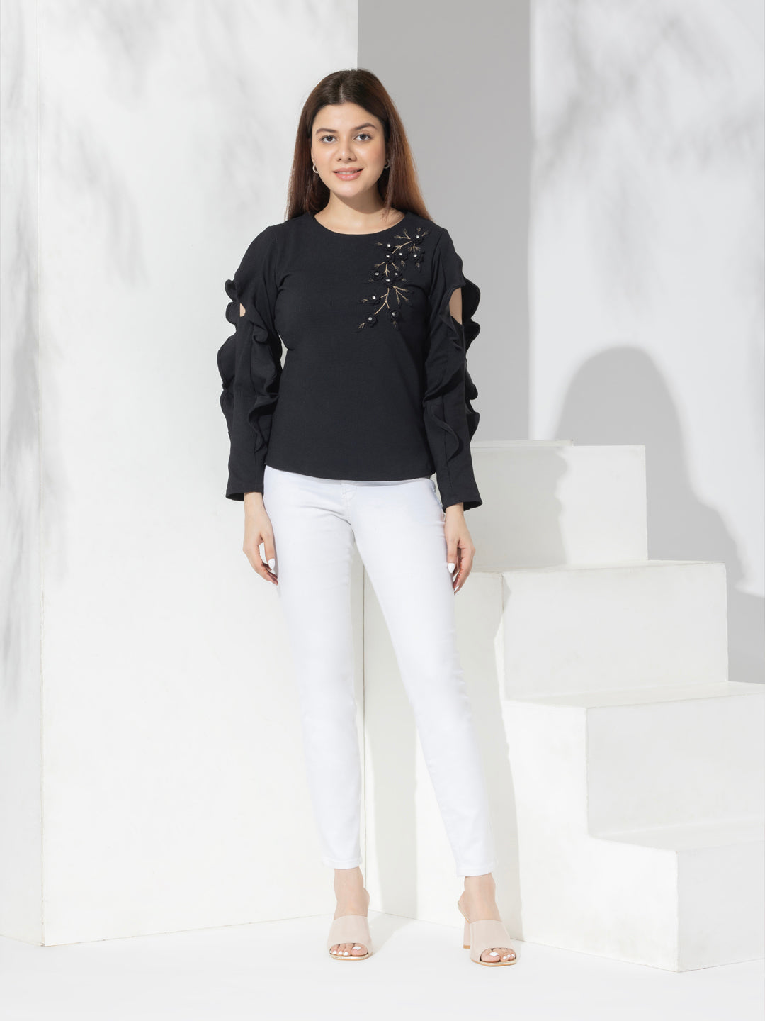 Fashion Top With Ruffle Sleeves & Hand Embroidery
