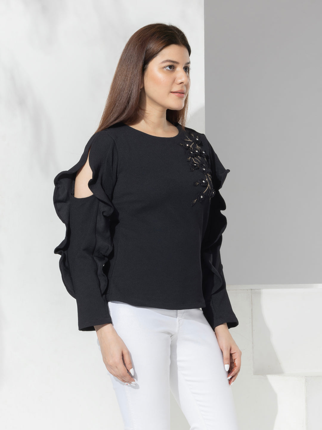 Fashion Top With Ruffle Sleeves & Hand Embroidery