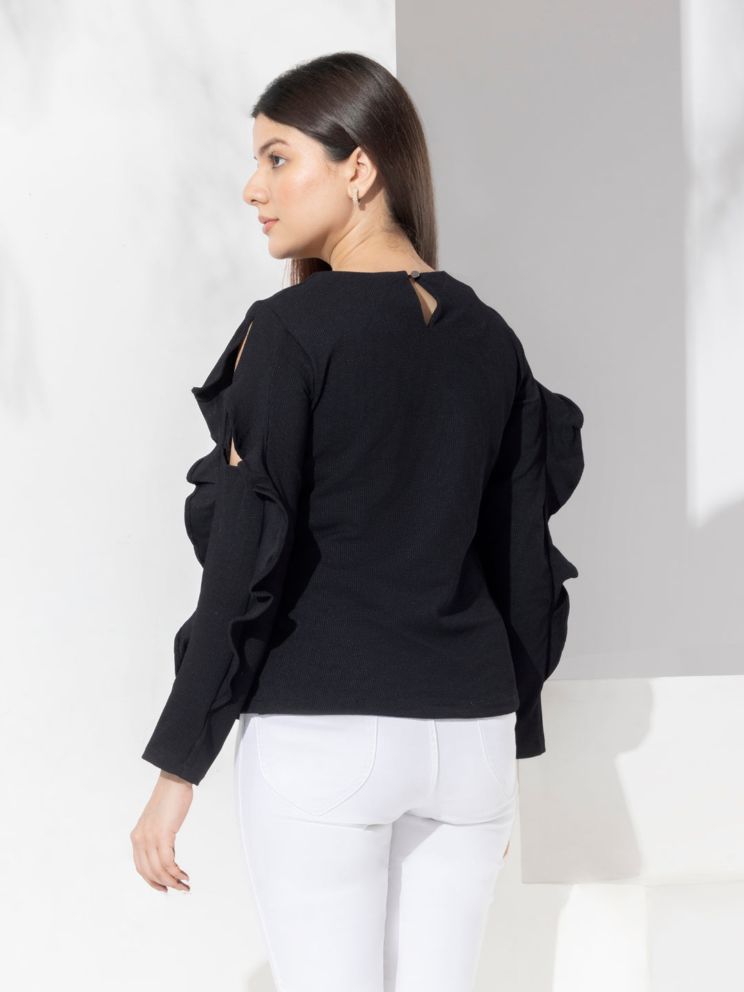 Fashion Top With Ruffle Sleeves & Hand Embroidery