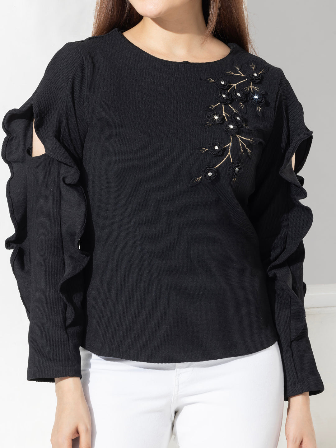 Fashion Top With Ruffle Sleeves & Hand Embroidery