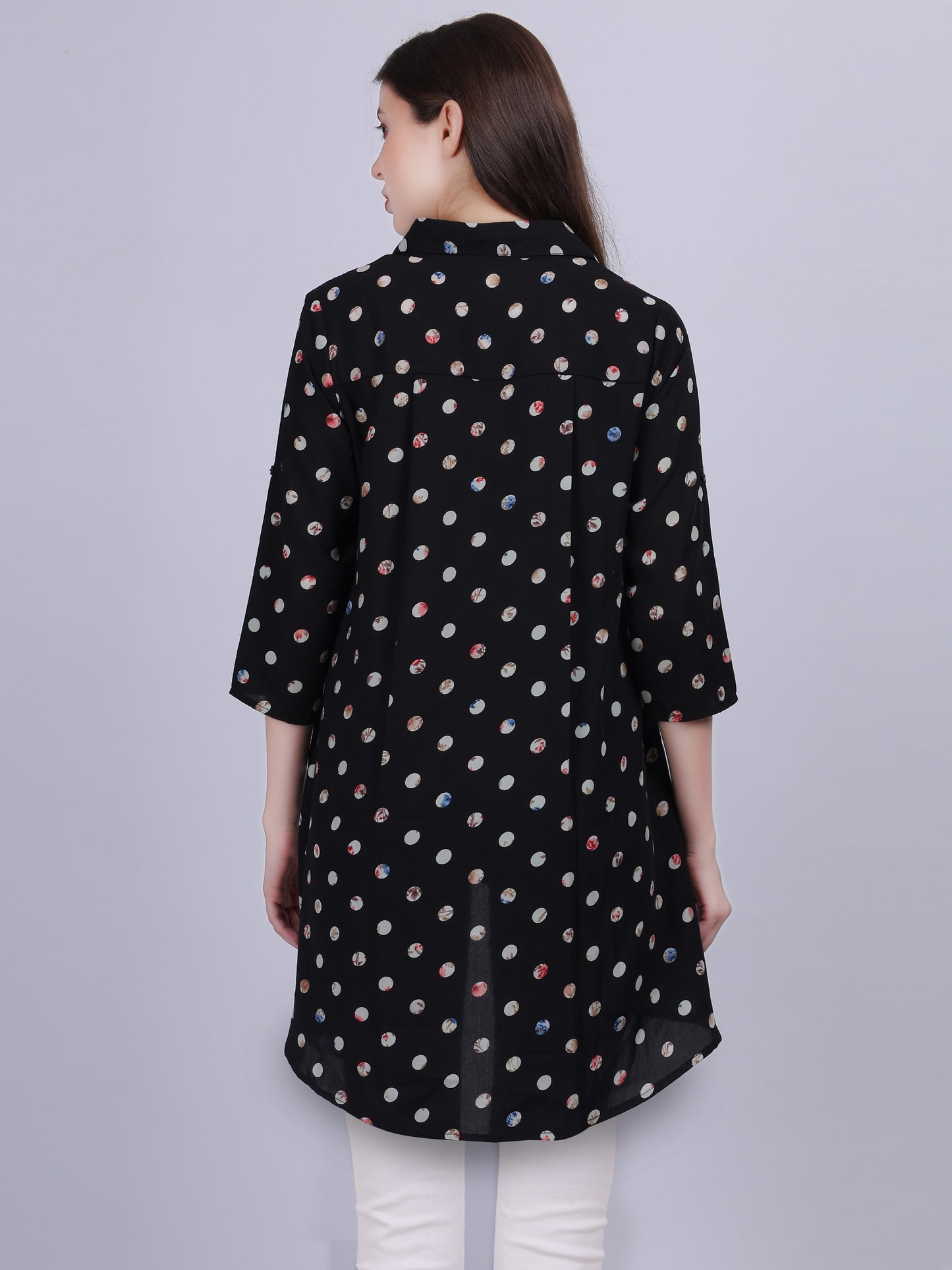 Polka Dots High-low Tunic Top With Tassel Cord Belt